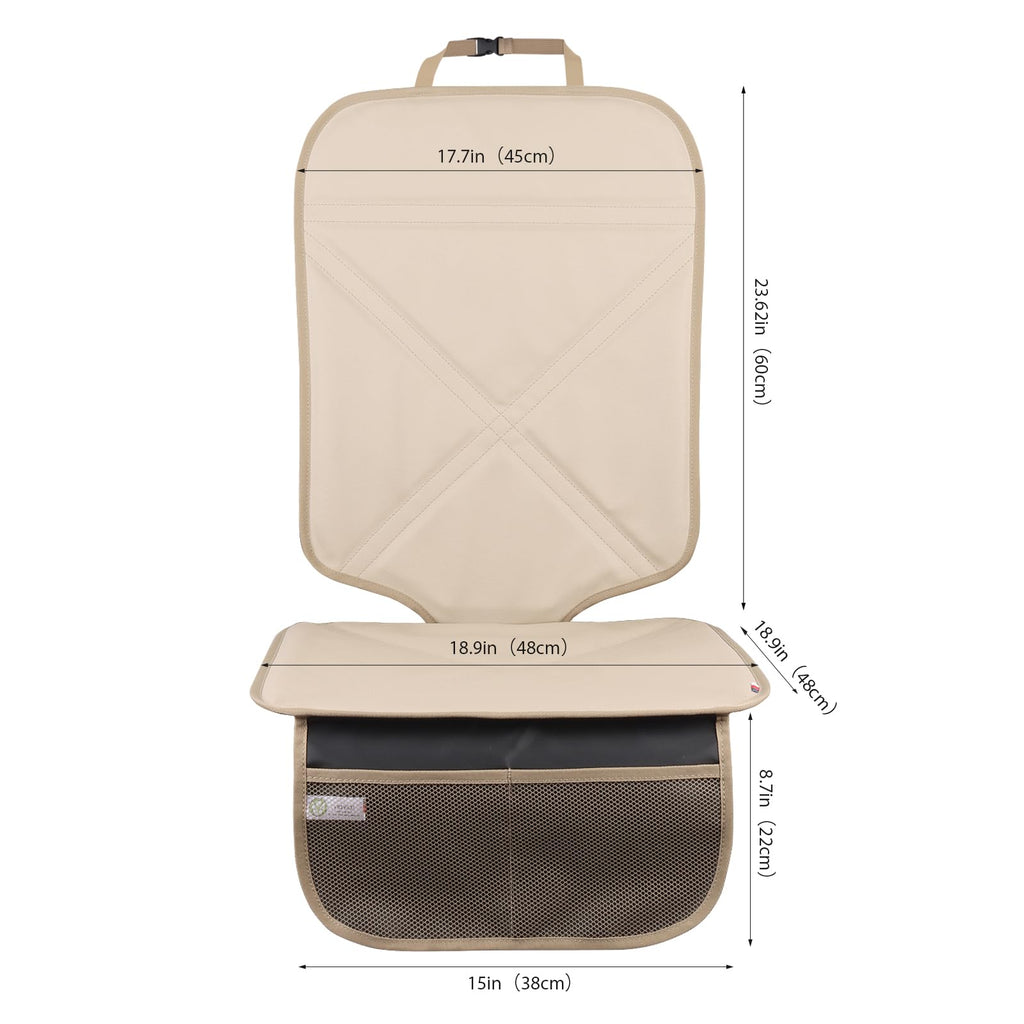 Viaviat Car Seat Protector Leather Waterproof Child Safety Seat Protector Cover with Thick Pad and 2 Large Pockets Durable Kick Mat for All Auto Seat (Beige)