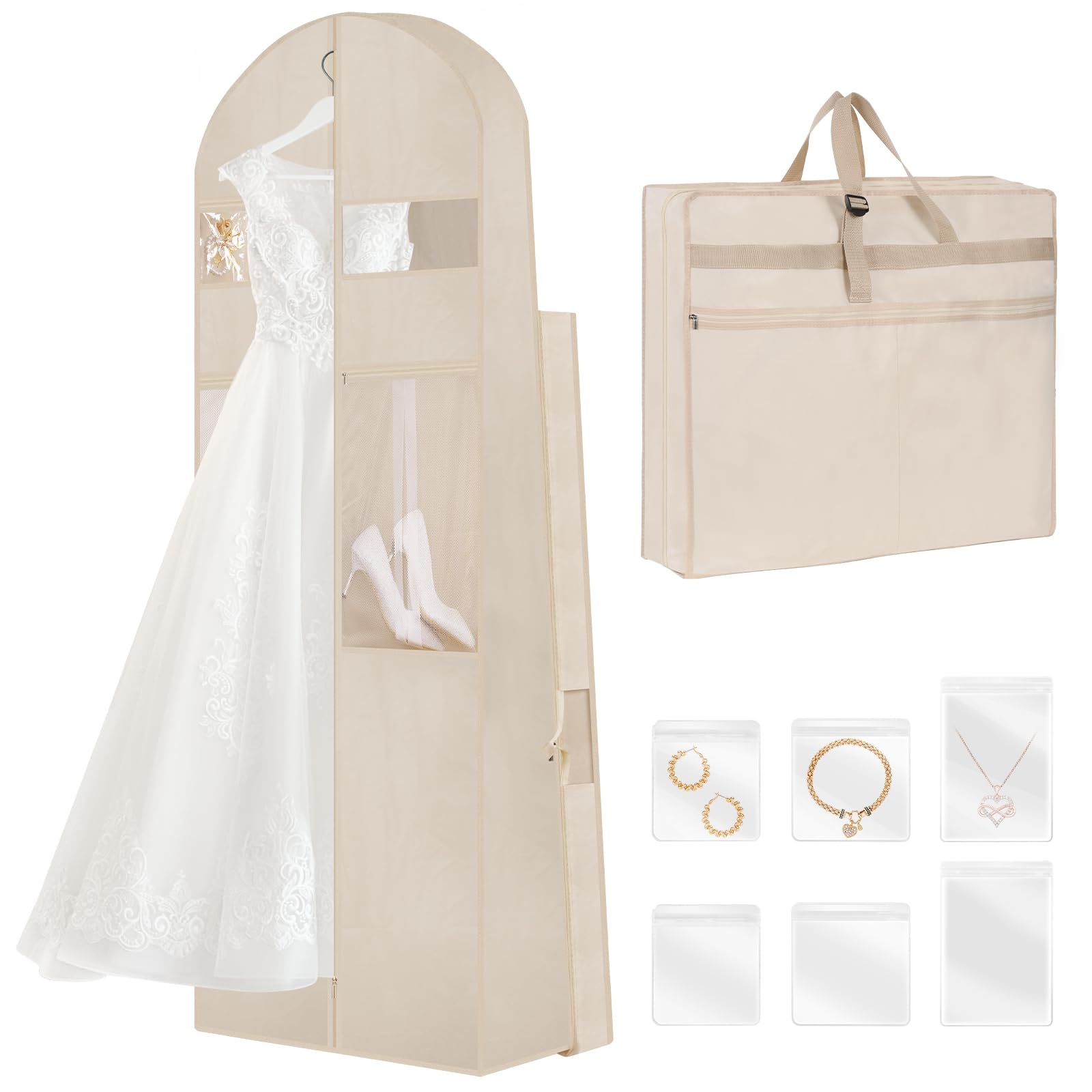 TANGKA Wedding Dress Garment Bag,72’ Tri-Fold Bridal Gown Bag with 6 Pouches and Adjustable Buckle Gown Cover for Wedding/Prom/Travel/Closet Storage (Beige)