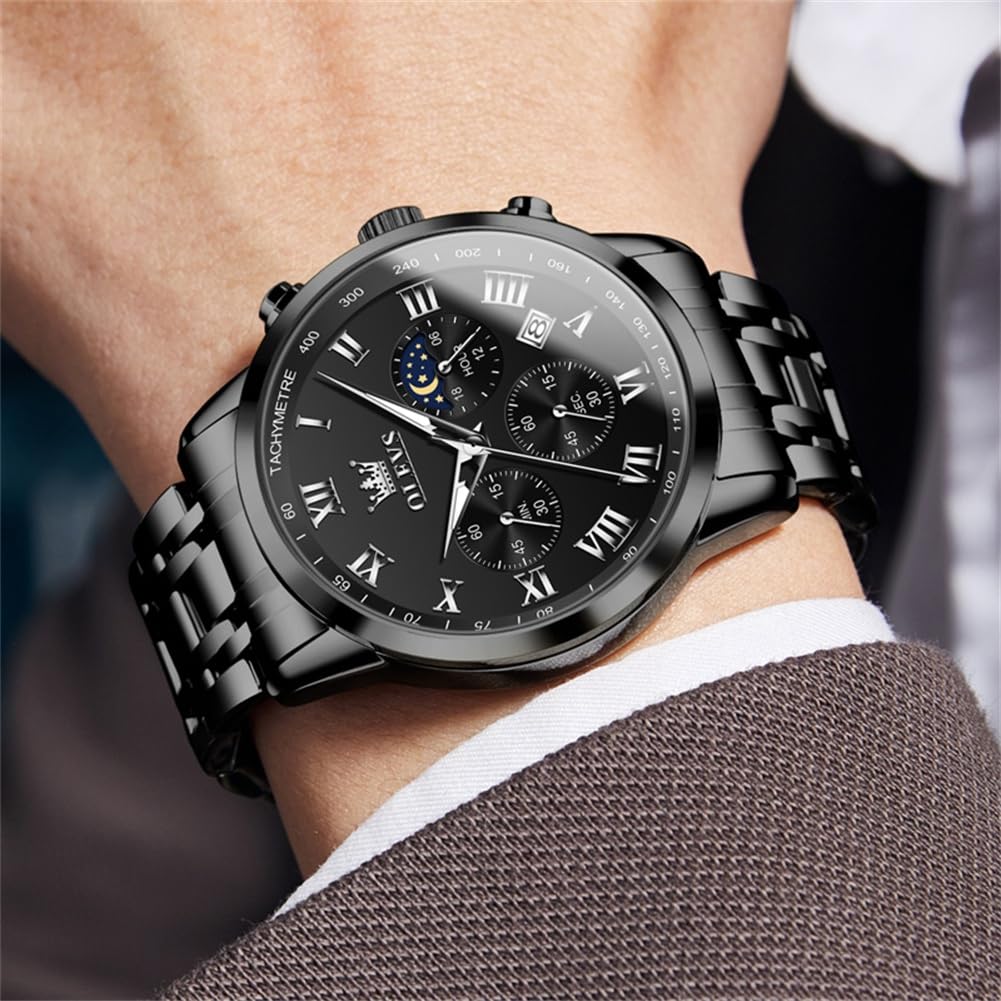 OLEVS Watch Men Luxury Black Watches for Men Dress Luminous Waterproof Analog Quartz Mens Watches with Date Fashion Stainless Steel Large Face Chronograph Moon Phase Classic Wrist Watch for Man