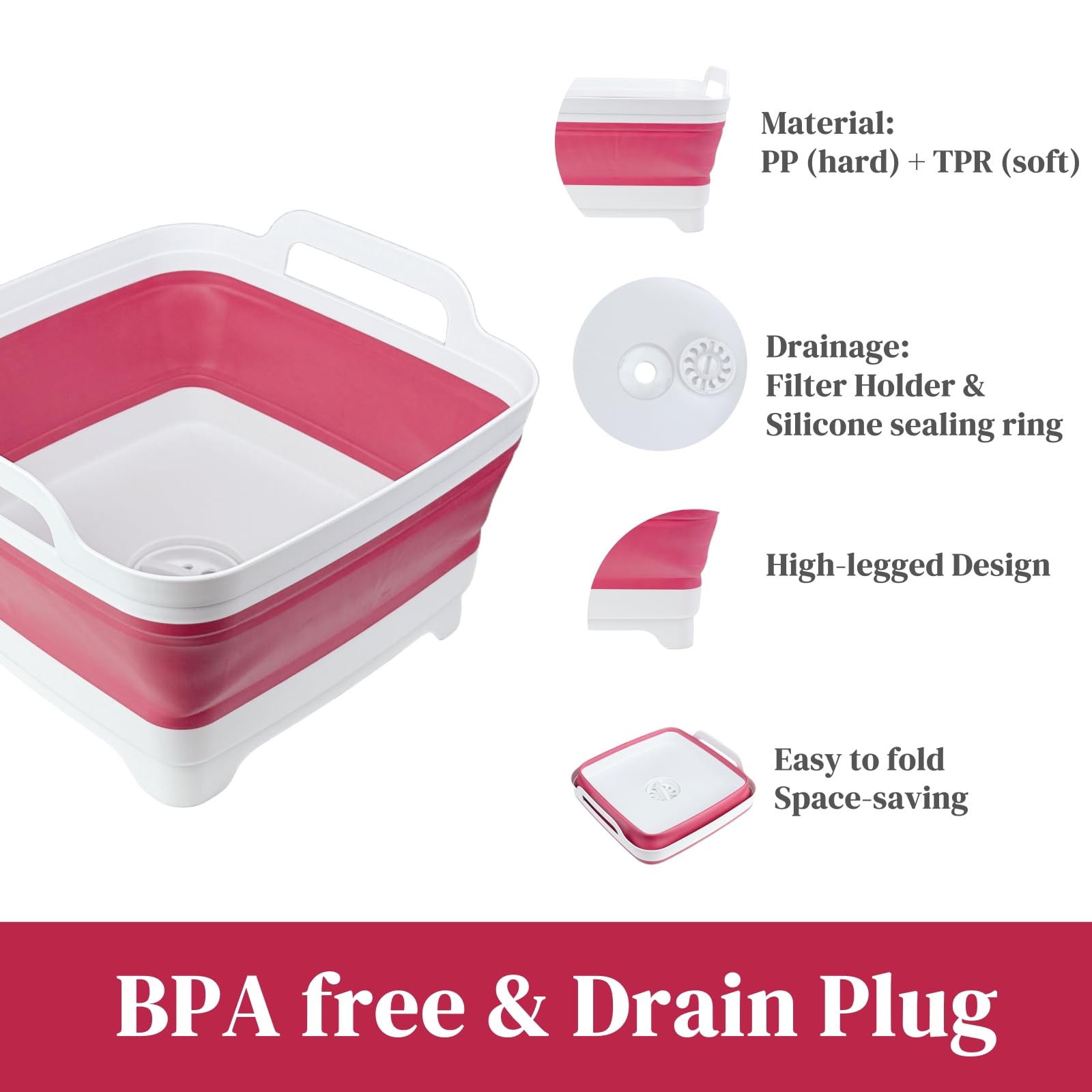 GIMWA Collapsible Wash Basin for Baby Bottles - 2.4 Gallons Portable Dish Basin for RV Camping Sink, Space-Saving Dish Tub For Bottle Washing (Viva Magenta)