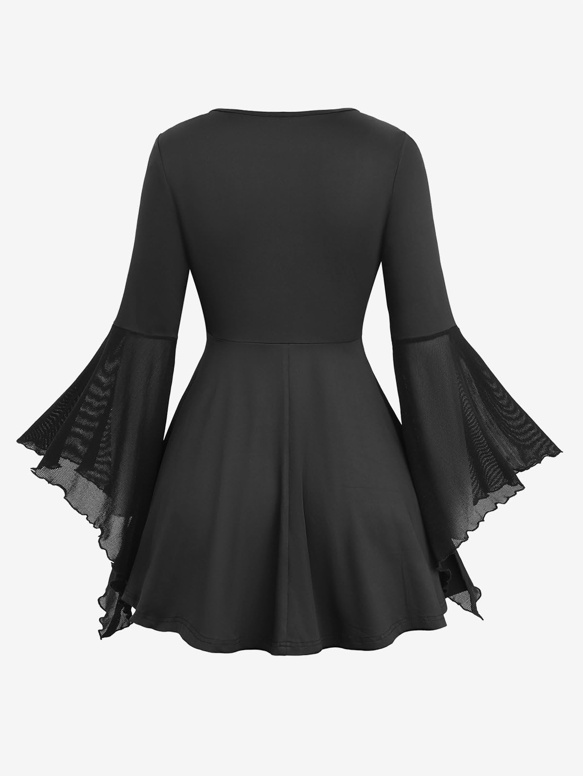 ROSE GAL Plus Size Women Lace-up Color Block Long Bell Sleeve Swing Top(Black/L)
