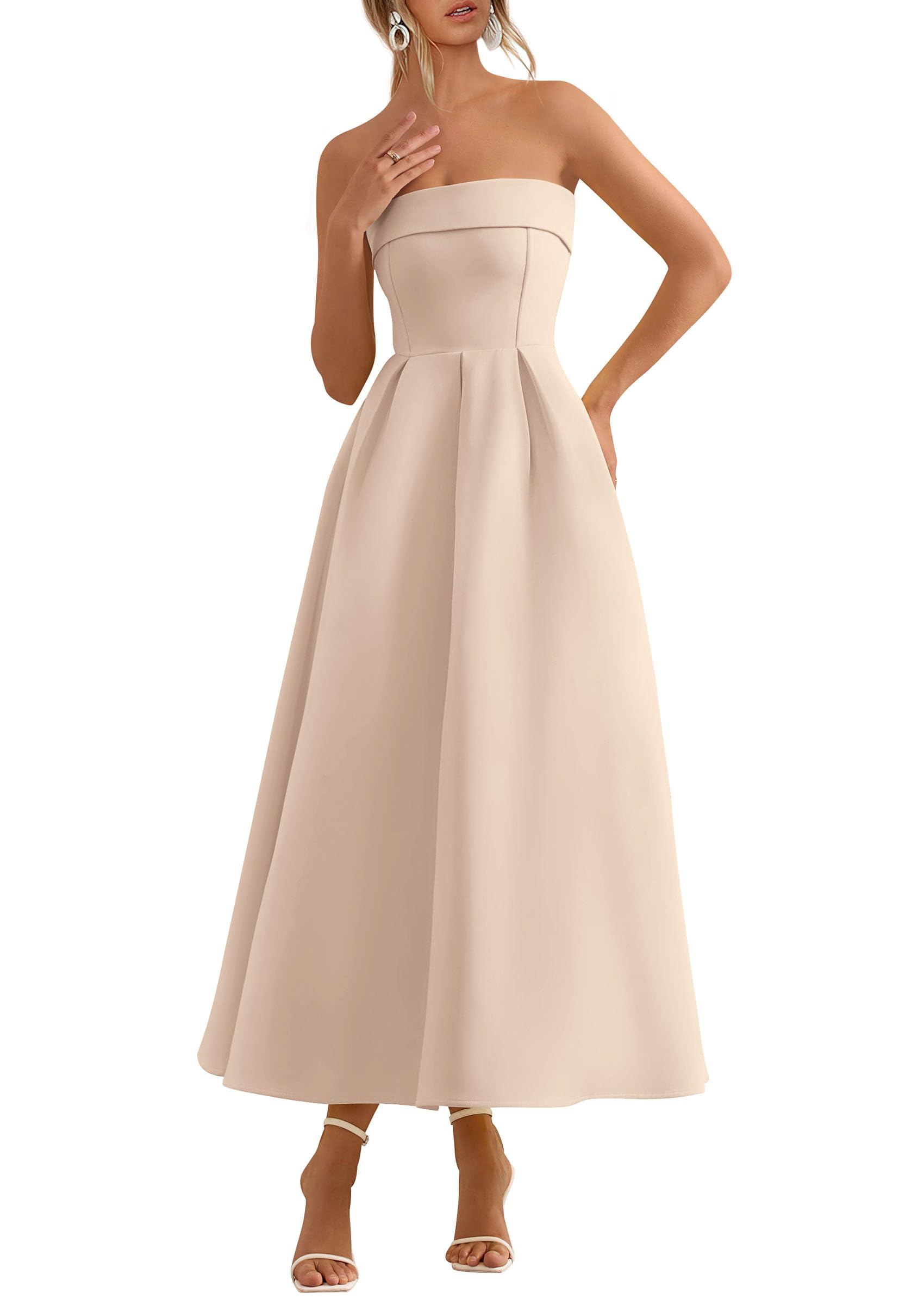 PRETTYGARDEN Cocktail Dresses for Women 2026 Summer Formal Elegant Tube Top Strapless Spring Wedding Guest Party Midi Dress(Beige,Small)