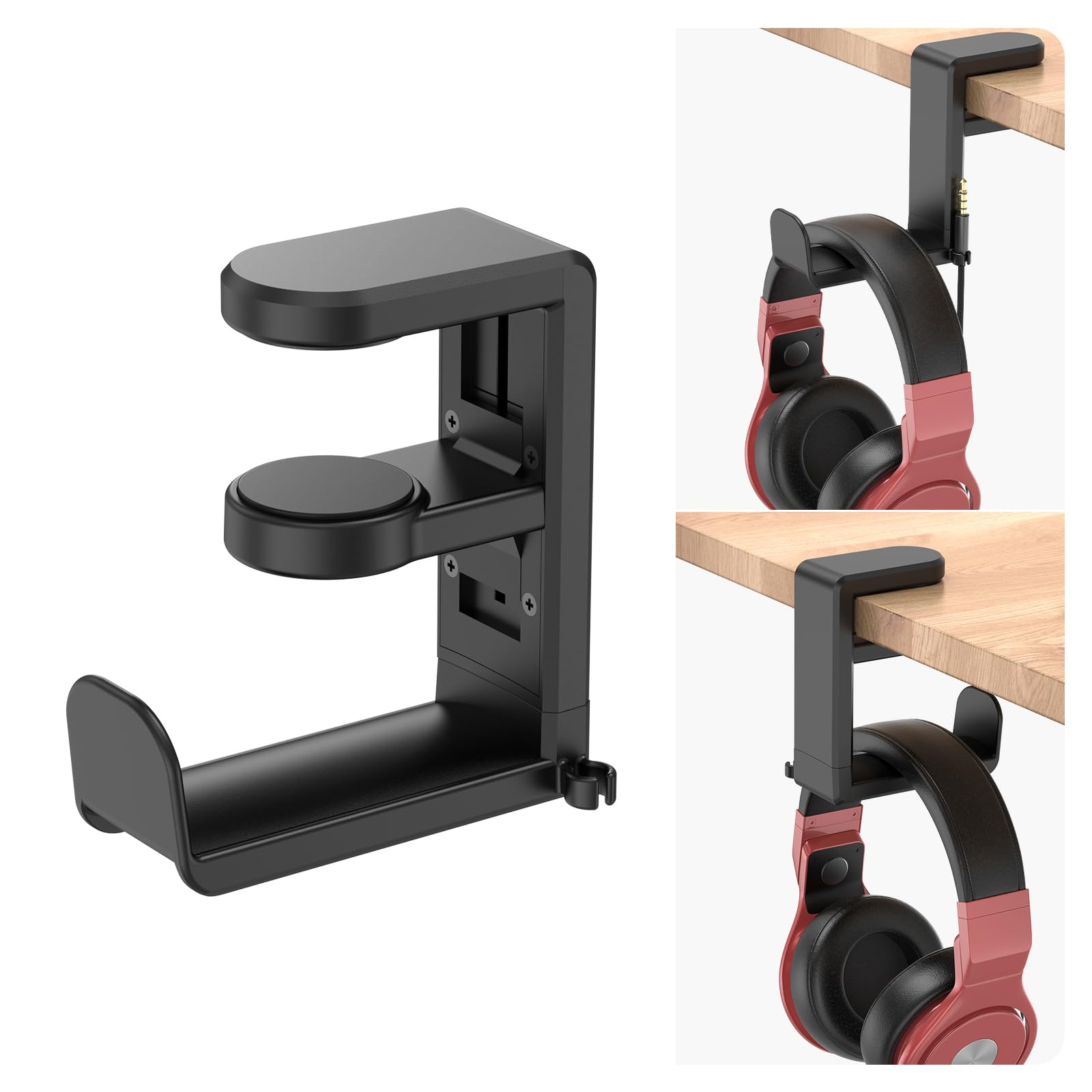 EURPMASK Rotating Headphone Stand - PC Gaming Headset Holder, Adjustable Clamp-on Under Desk Hanger With 360 Degree Swivel & Cable Clip Organizer - Black