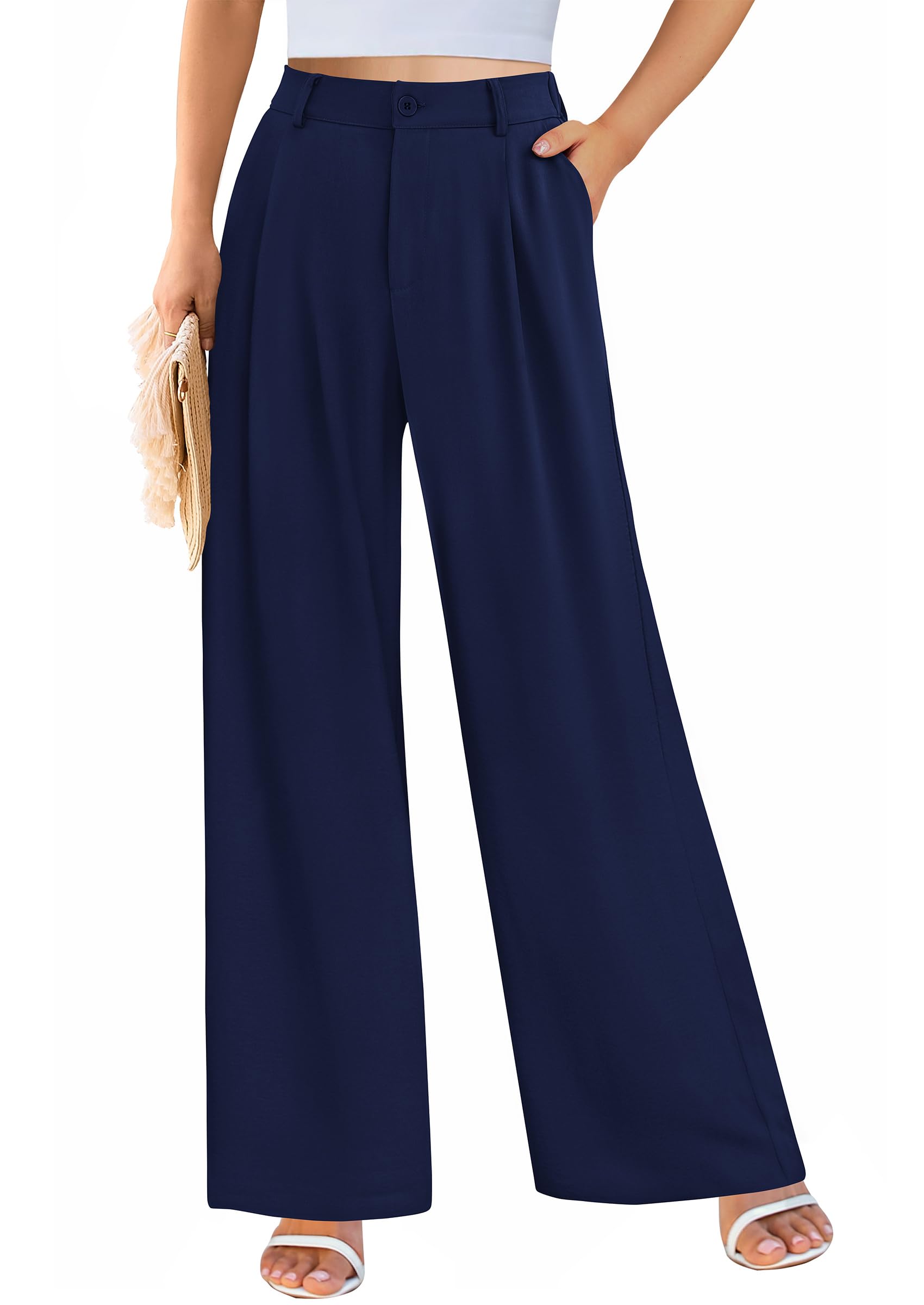 PRETTYGARDEN Wide Leg Pants for Women Trendy 2025 Fall High Waisted Business Casual Outfits Work Pant Trousers (Navy,X-Large)