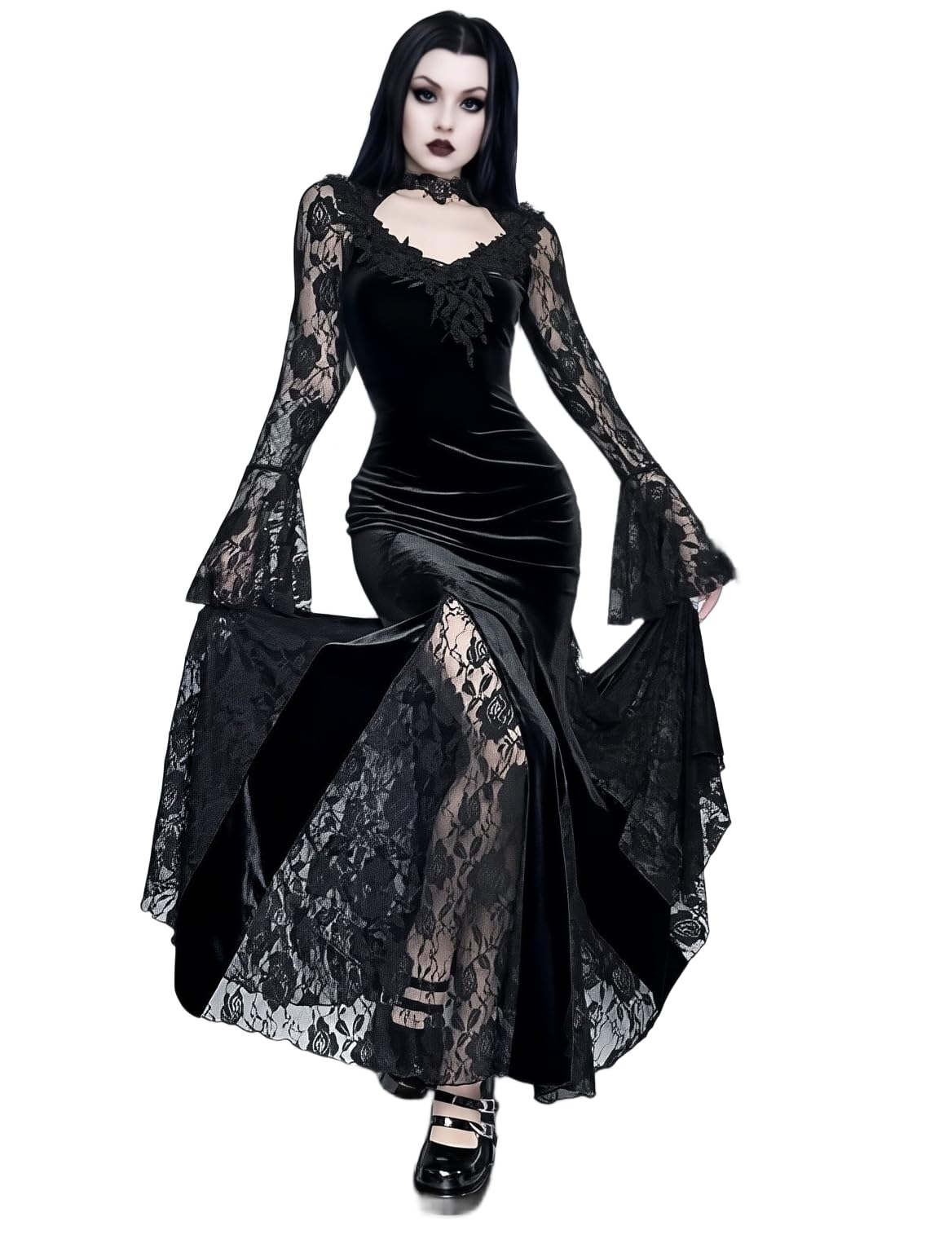 LANSHULAN Gothic Slim Lace Contract Fishtail Long Goth Dress Clothes Black