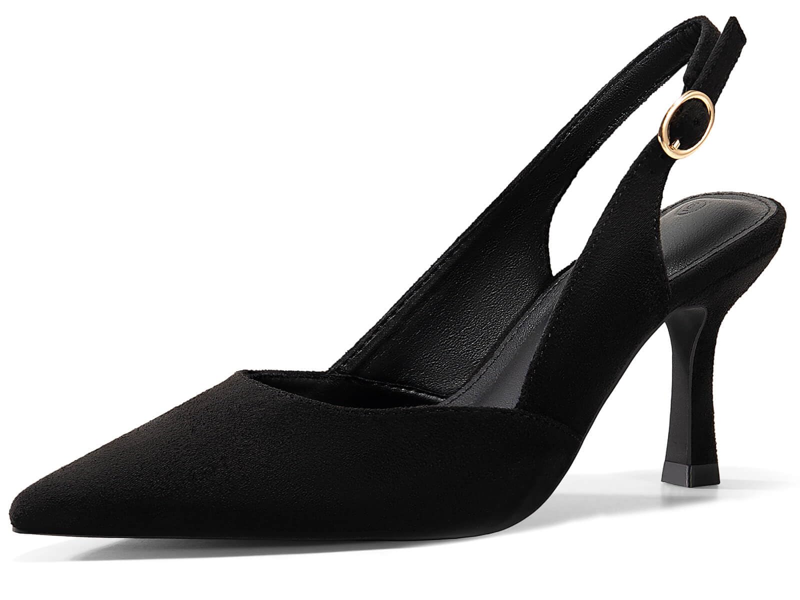 Rilista Womens Slingback Pumps Closed Pointed Toe Kitten Heel Sandals Wedding Evening Party Dress Shoes Black Suede
