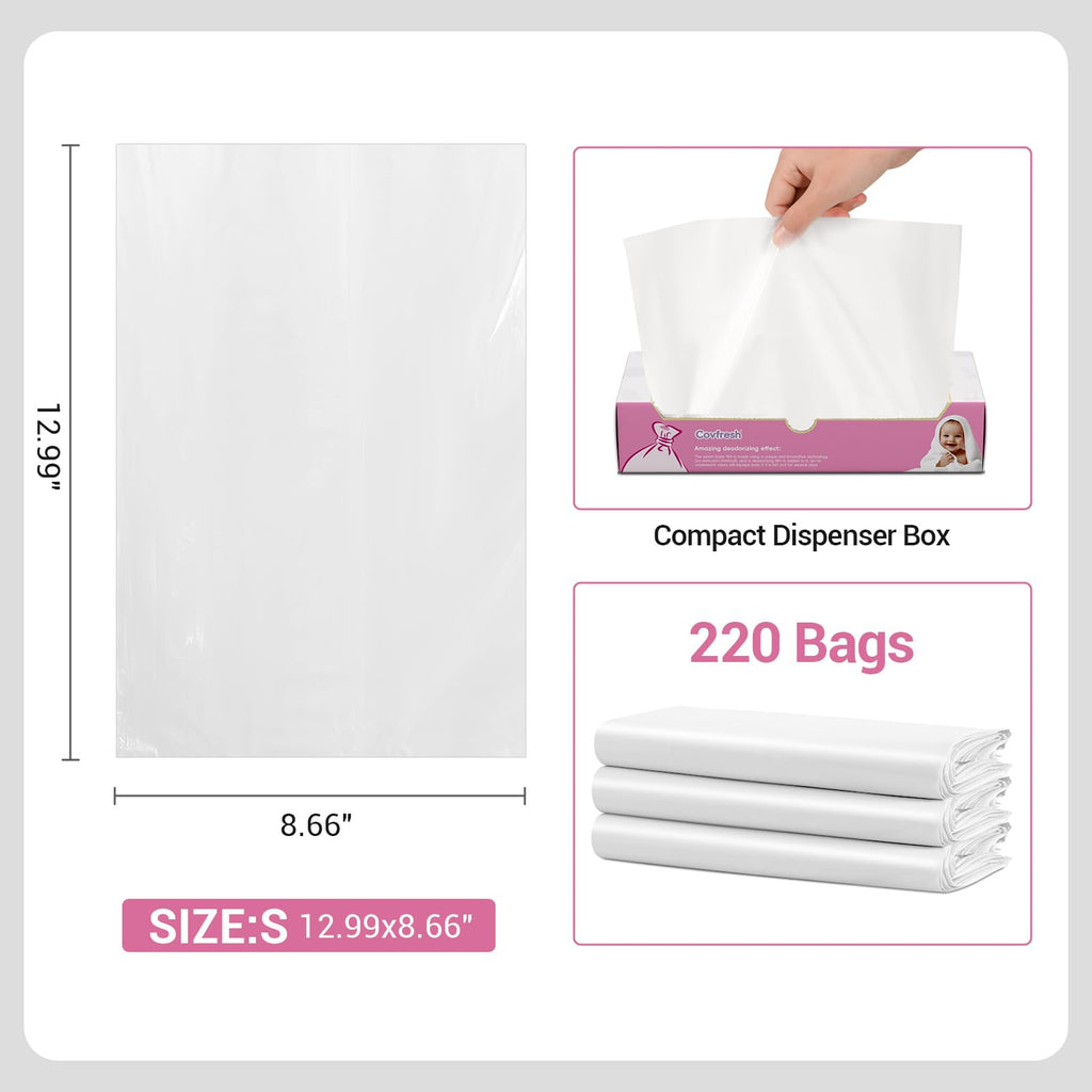 Covfresh Odor Sealing Baby Diaper Disposable Bags - S/220 Counts Unscented, Durable Diaper Sacks for Home, Travel & On-the-Go Use (Color:White)