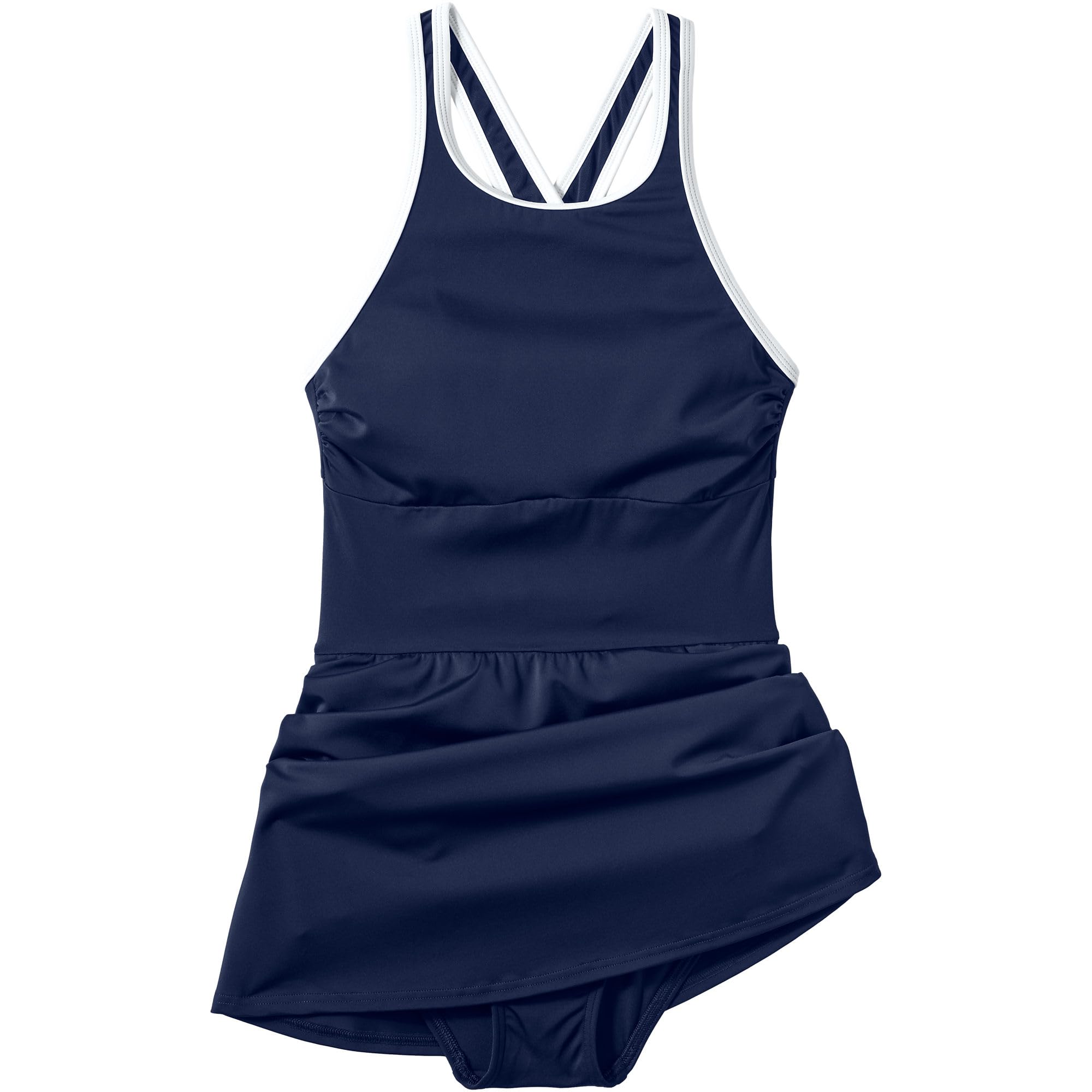 Lands' End Women's Tugless High Neck Swim Dress Swimsuit 0 Deep Sea Navy/White