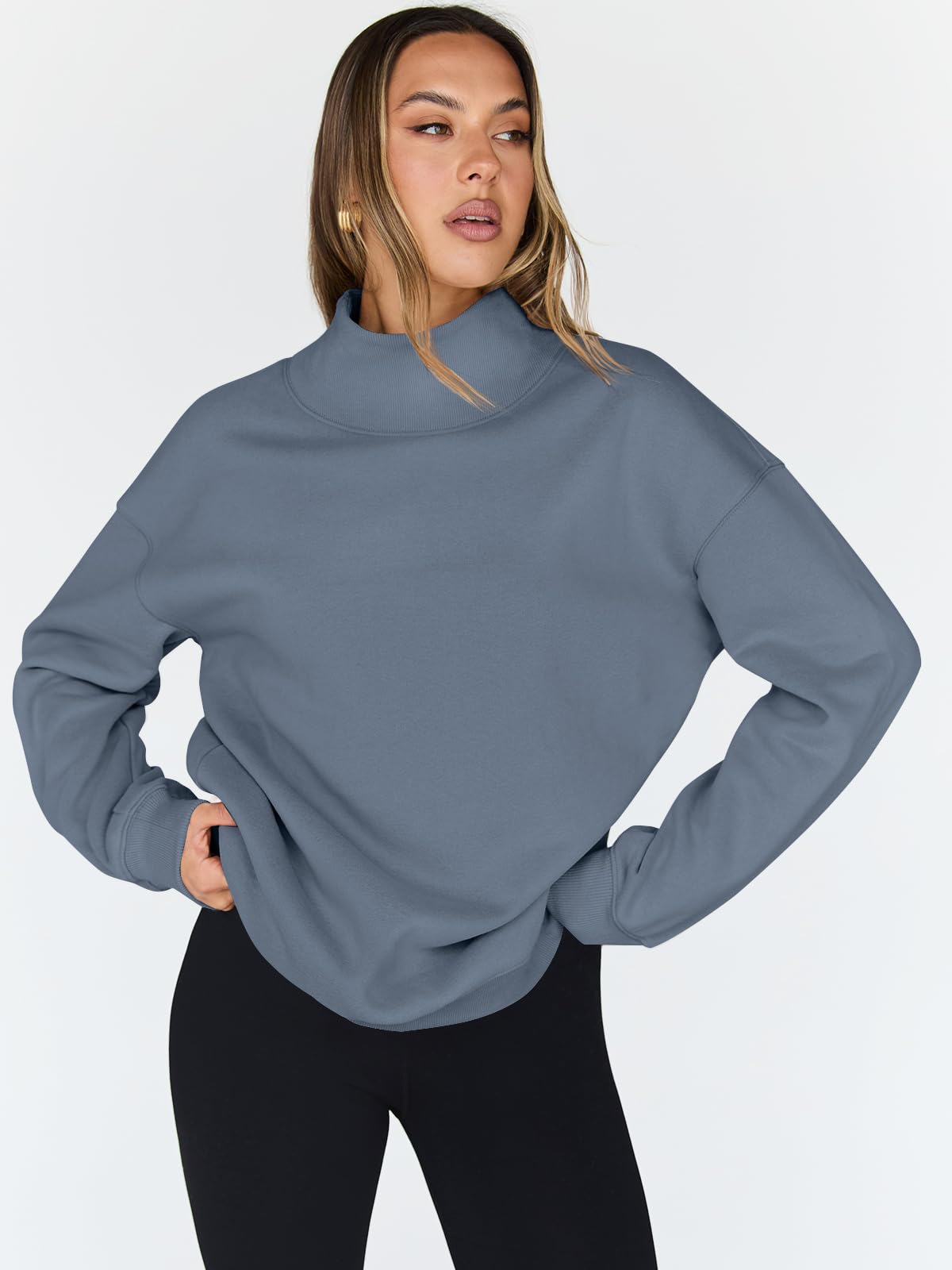 Trendy Queen Womens Oversized Sweatshirts Turtleneck Pullover Long Sleeve Hoodies Tops Fall Fashion Outfits 2026 Clothes GreyBlue M