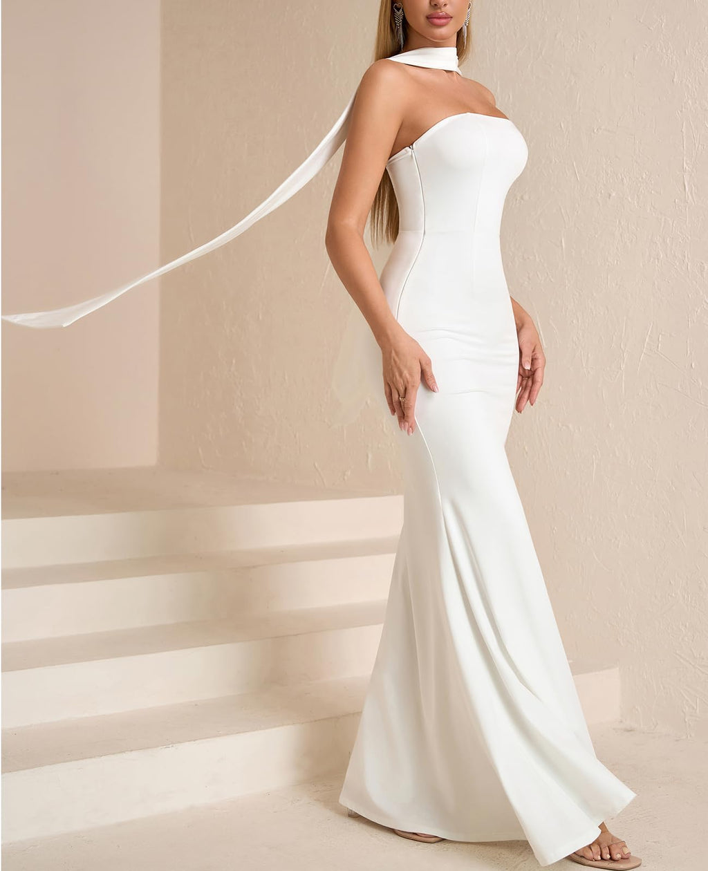 Auraxe 2026 Women's Bodycon Formal Maxi Dresses Elegant Tube Summer Wedding Guest Cocktail Party Dress with Scarf White