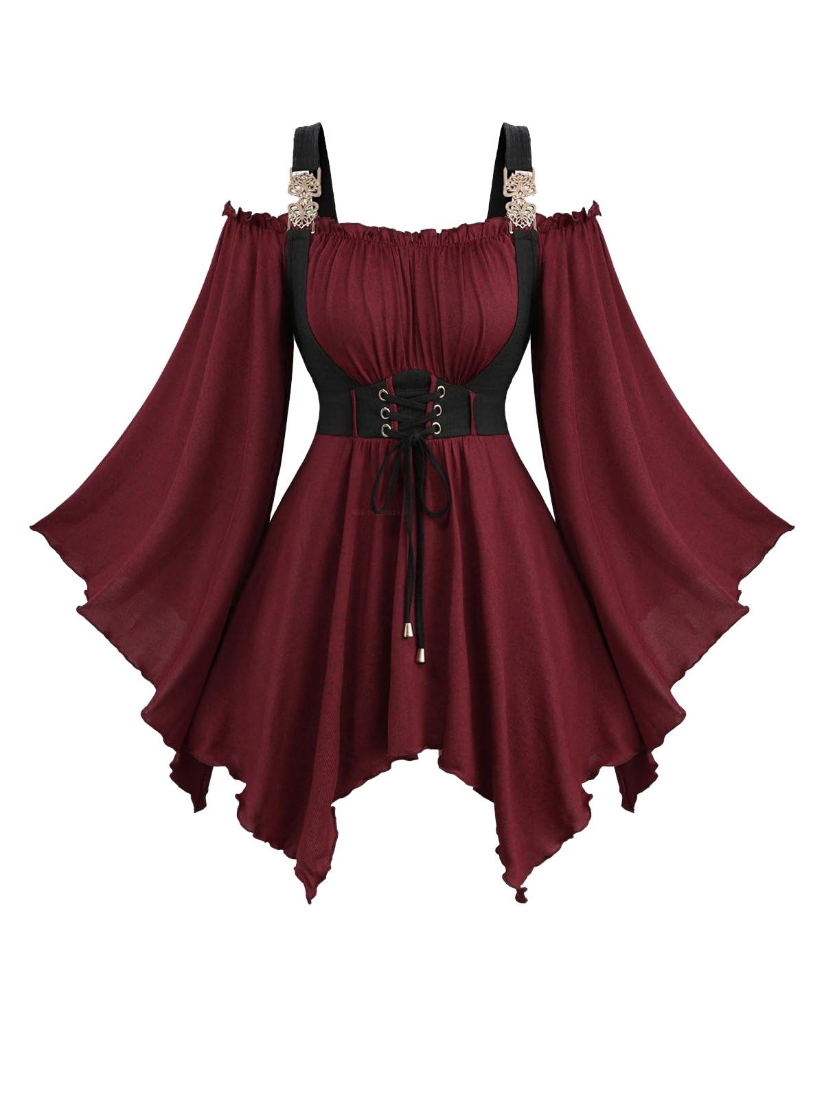 ROSE GAL Plus Size Women Medieval Renaissance Underbust Corset Blouse Off Shoulder Trumpet Sleeves Peasant Tops Shirt Victorian Goth Renaissance Costume(Red_1/1X)