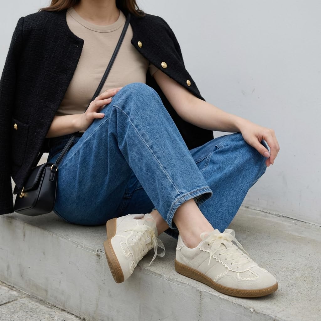 CUSHIONAIRE Belinda Women’s Lace Detail Casual Sneakers – Elegant Ribbon Lace-Up Summer Shoes for Women with Memory Foam, IVORY 9W