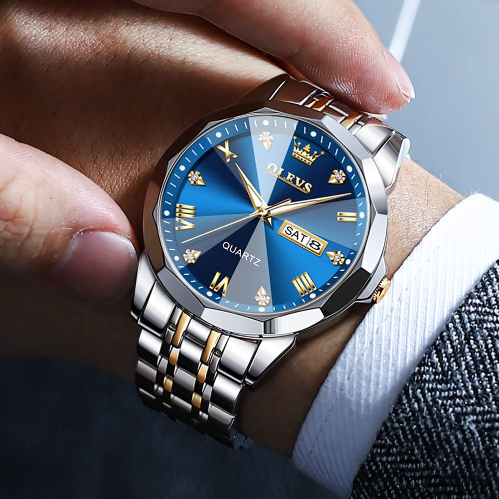 OLEVS Watch for Men Diamond Business Dress Analog Quartz Stainless Steel Waterproof Luminous Date Two Tone Luxury Casual Wrist Watch Blue Men