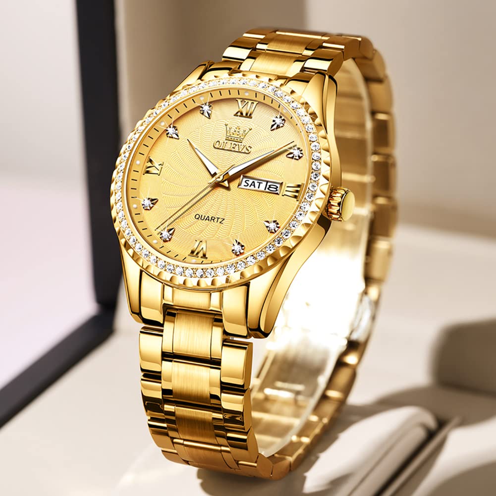 OLEVS Men Gold Watches Luxury Diamond Stainless Steel Large Watches Business Dress Waterproof Luminous Date Wrist Watch for Men