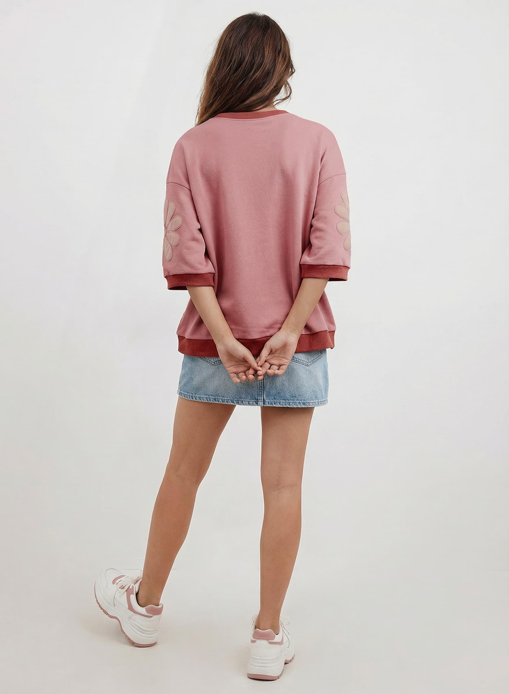 Dokotoo Women's Casual Tops 3/4 Sleeve Contrast Color Block Sweatshirt 2026 Round Neck Loose Fit Cute T Shirt Summer Fashion Floral Patchwork Pink Pullover Tops Large