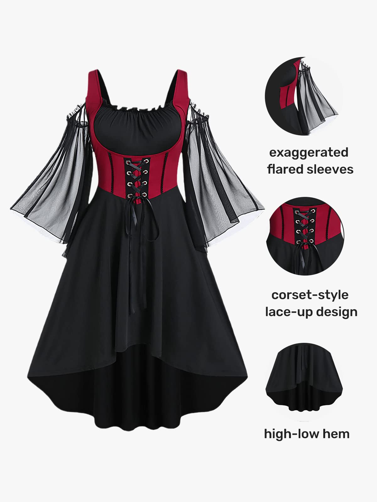 Rosegal Women Plus Size Punk Cold Shoulder Flare Sleeves Lace Up High Low A Line Midi Gothic Dress Renaissance Corset Dress（Black-217/2X）