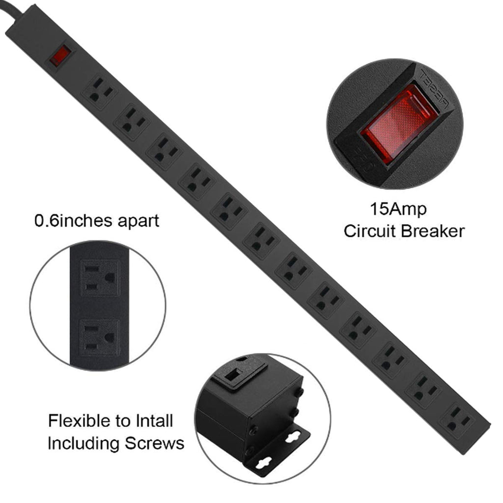 Metal Wall Mount Power Strip, Mountable Power Outlet with 12 AC Outlets, Aluminum Alloy Mount Power Socket with Switch, 6 FT SJT 3/C 14AWG Power Cord, 15A 125V 1875W (12AC) Black