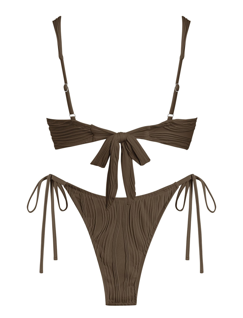 ZAFUL Womens Texture Bikini Sets Knot Front O Ring Tie Wide Straps Swimsuits 2 Pieces String Bathing Suits (1-Brown, L)