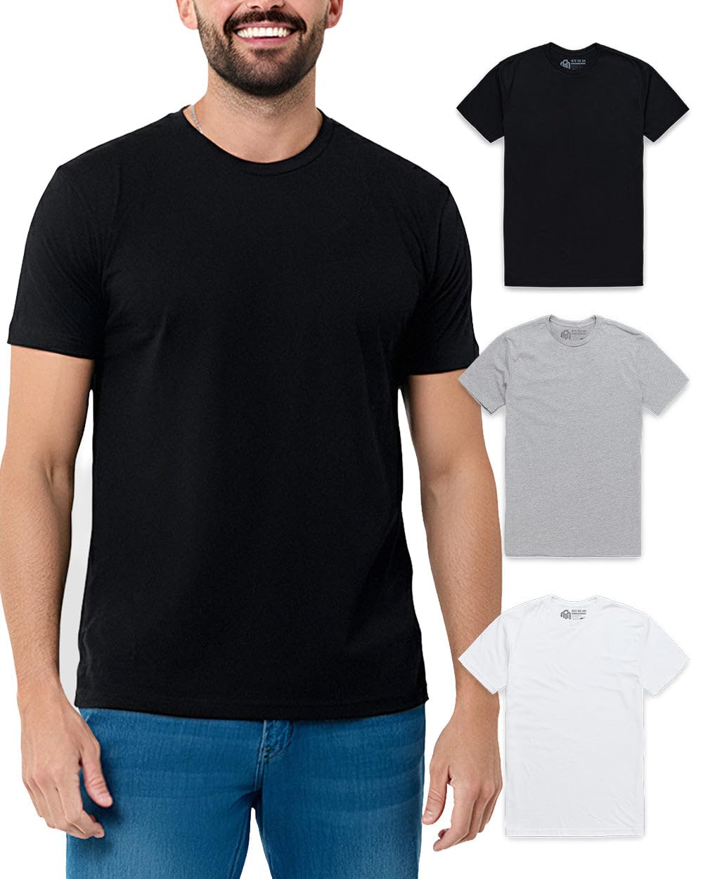 INTO THE AM Men's Plain Basic Tees 3 Pack Multipack - Fitted Essential Crewneck Blank Gym Classic Casual True Fit Fashion for Guys (Black/Grey/White, Medium)