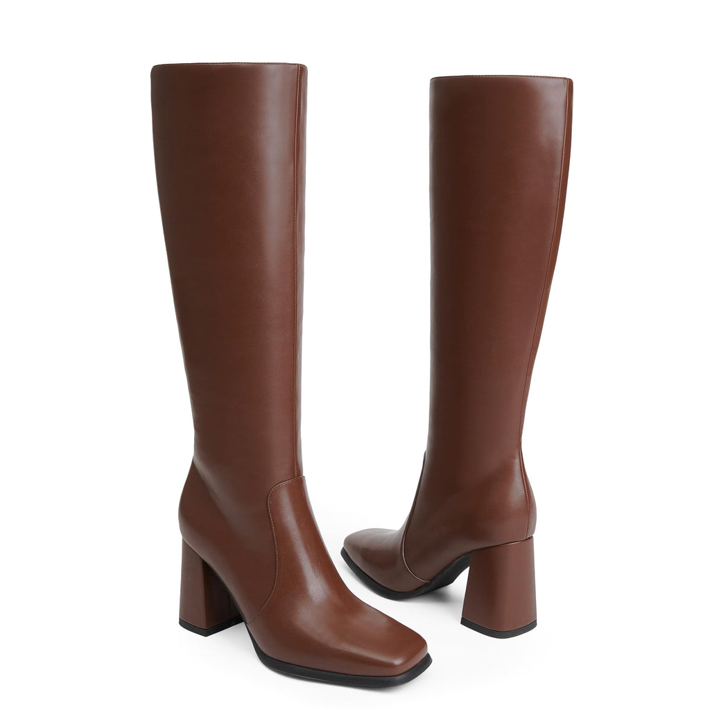 Modatope Brown Knee High Chunky Heel Boots Square Toe Tall Boots for Women Block Heel Side zipper Fall Boot Women Size 8