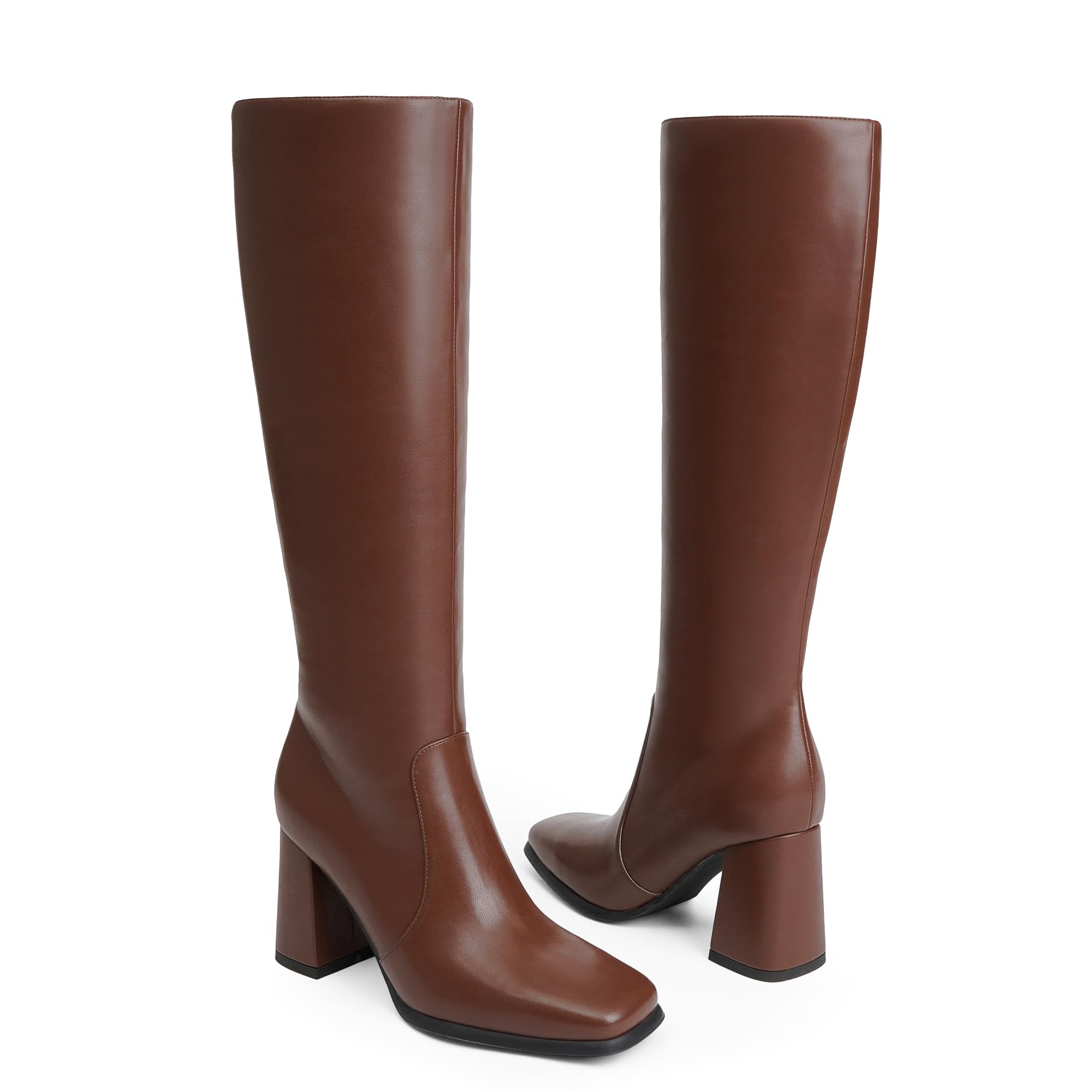 Modatope Brown Knee High Chunky Heel Boots Square Toe Tall Boots for Women Block Heel Side zipper Fall Boot Women Size 8
