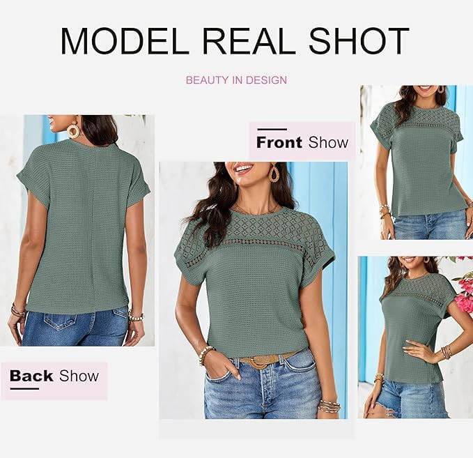 Dokotoo Shirts for Women Waffle Knit Womens Summer Tops Lace Short Sleeve Business Casual T Shirts Trendy Fashion Clothes Spring Outfits 2026 Lightweight Ladies Tops and Blouses Mist Green S