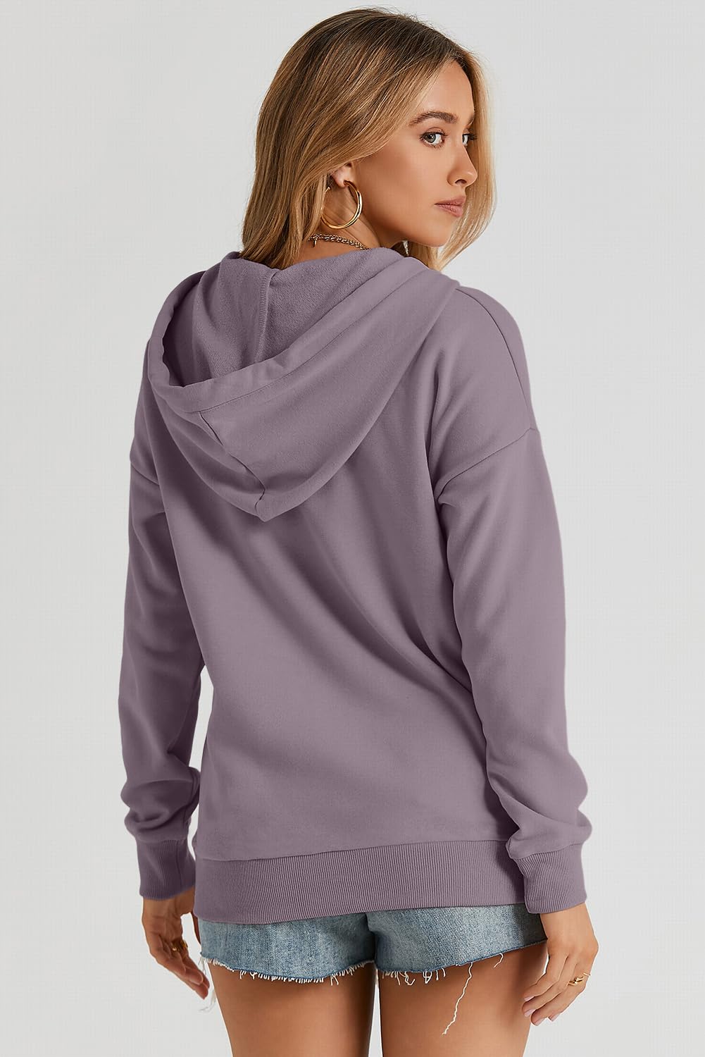 Dokotoo Oversized Sweatshirt for Women Winter Clothing Drawstring Womens Hoodies Button Collar Fleece Long Sleeve with Pockets Hooded Pullover Casual Loose Fit Cute Hoodie Tops Shirts Purple Small