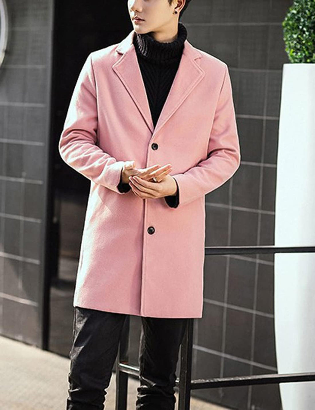 Springrain Men's Wool Blend Pea Coat Notched Collar Single Breasted Overcoat Warm Winter Trench Coat(Pink-S)