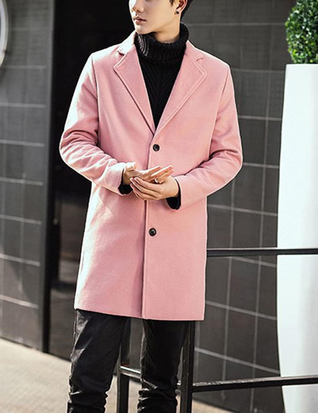 Springrain Men's Wool Blend Pea Coat Notched Collar Single Breasted Overcoat Warm Winter Trench Coat(Pink-S)