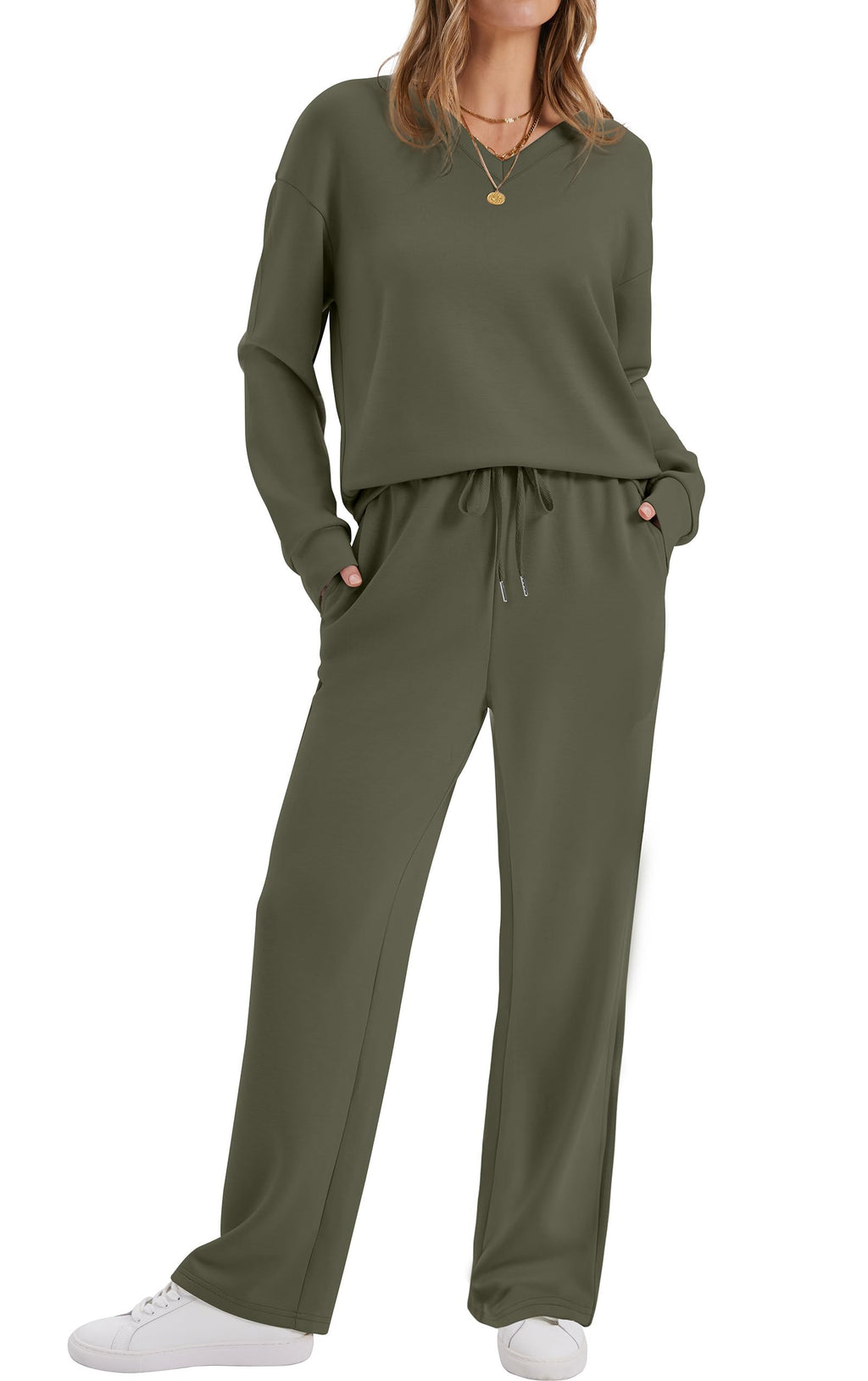 WIHOLL Airport Travel Outfits for Women 2 Piece Sets Lounge Sets for Women Fall Outfits 2026 Sweatsuits Matching Set Fall Fashion Must Haves Two Piece Vacation Clothes Winter Clothing Army Green M