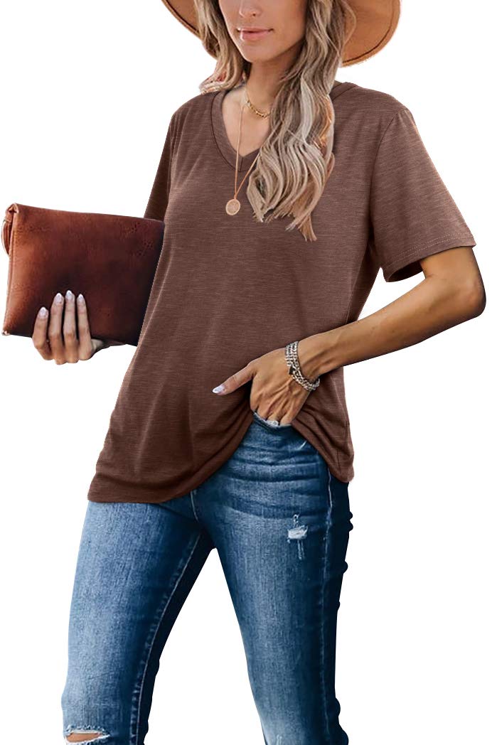 WIHOLL Tops for Women Trendy Short Sleeve Summer T Shirts for Women V Neck Tee Spring Clothes Loose Fitting Business Casual Tops Fashion Clothing Western Outfit for Women Brown L