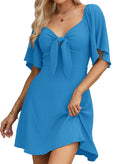 Dokotoo Summer Dresses for Women Fashion Trendy Wedding Guest Dresses Sexy V-Neck Drawstring Cap Sleeve Elegant Solid Color Mini Dress 2026 Drawstring Cap Sleeve Beach Dresses Blue