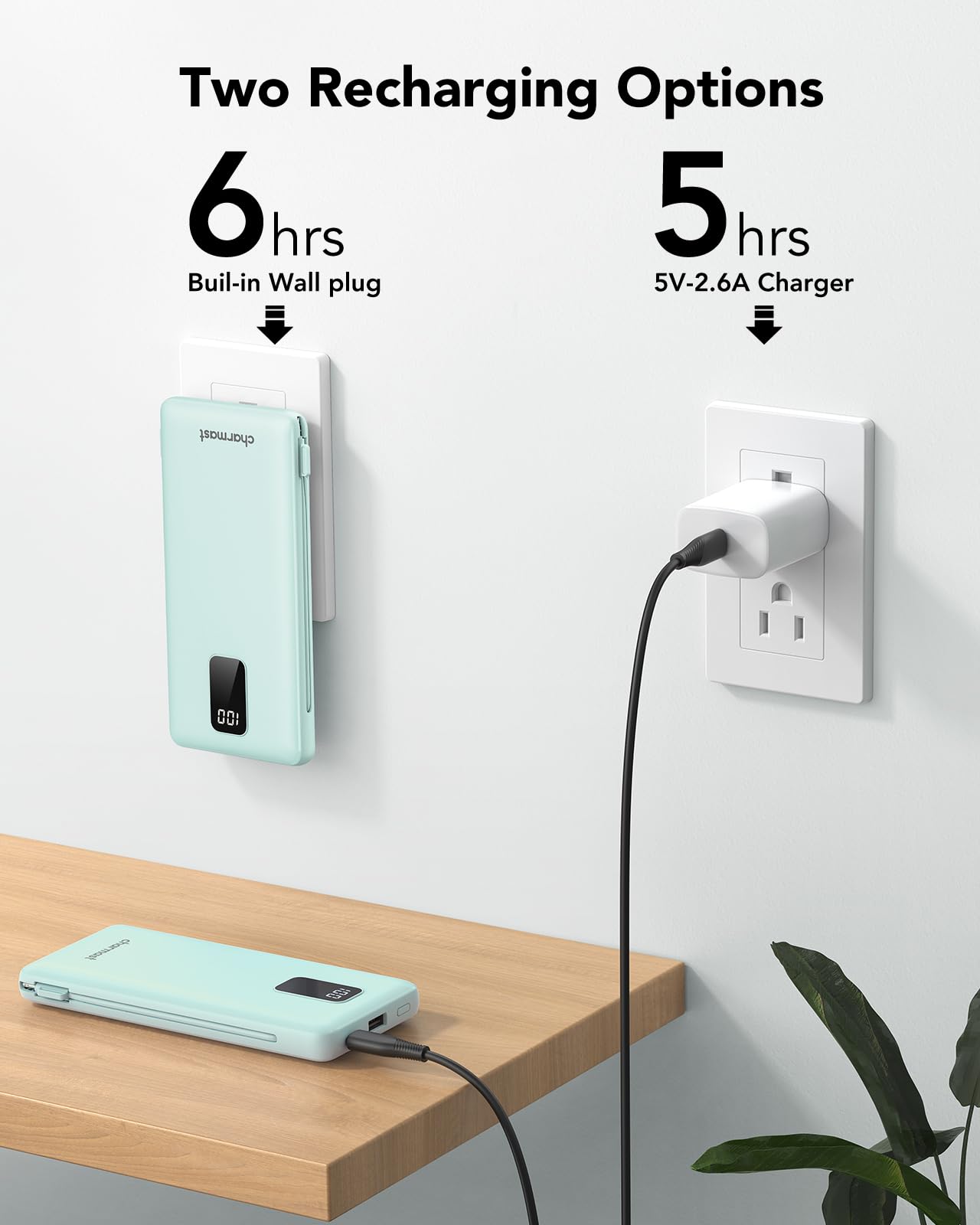 charmast Portable Charger with Built-in Cables and Plug, 10000mAh USB C Power Bank Fast Charging, External Battery Pack Slim, Travel Essentials Compatible with iPhones, Samsung Galaxy, iPad