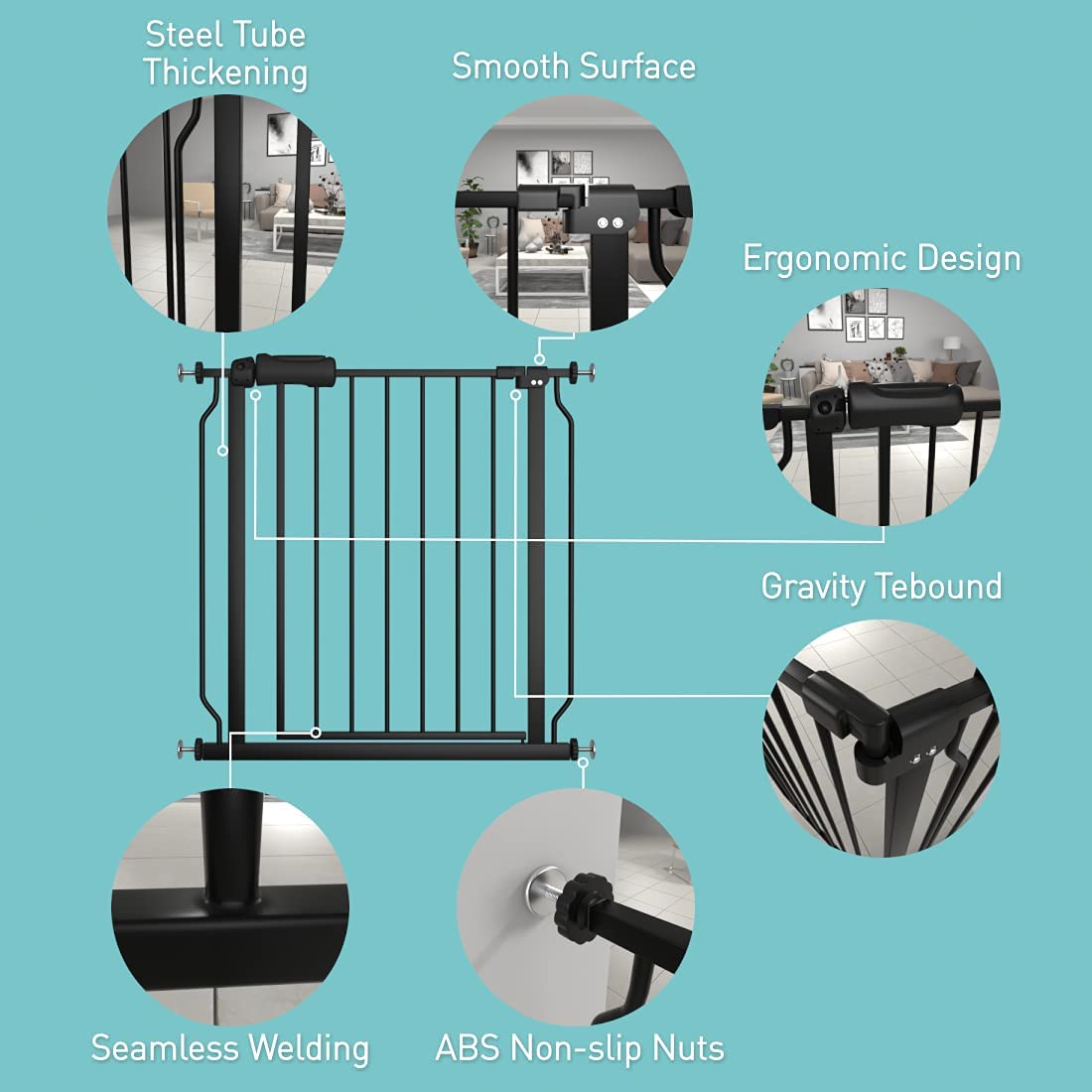 WAOWAO Baby Gate 57.48-62.20" Extra Wide Pressure Mounted Walk Through Swing Auto Close Safety Black Metal Toddler Kids Child Dog Pet Puppy for Stairs,Doorways,Kitchen