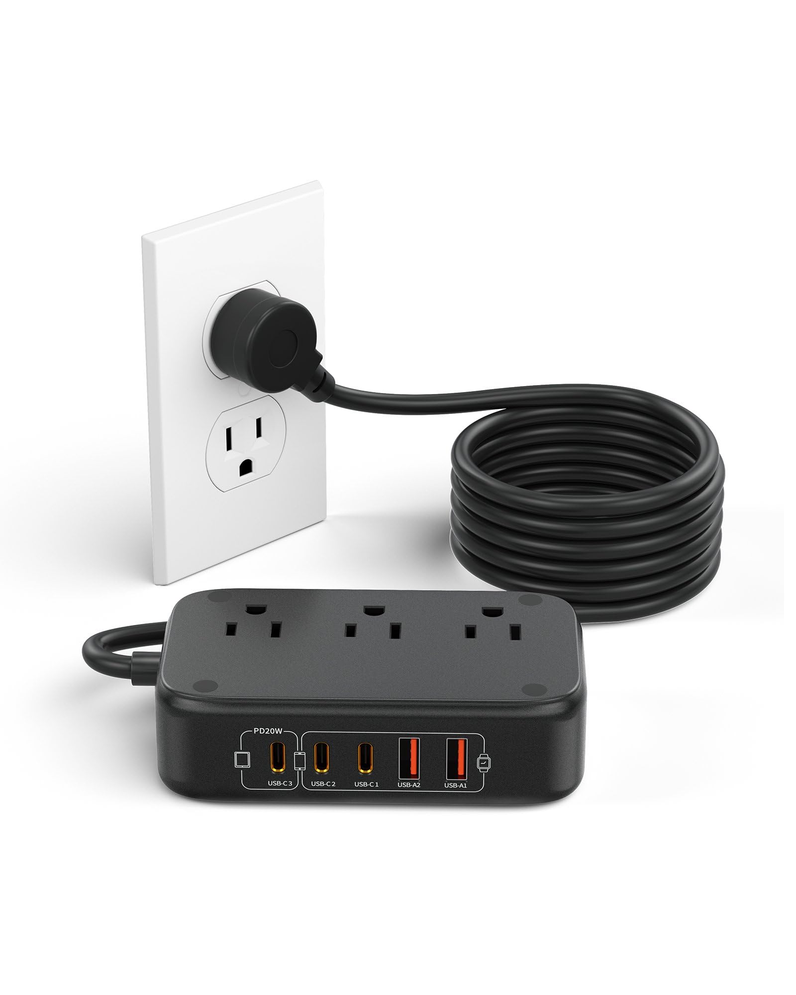 Power Strip with USB C Ports, 30W USB C Charging Station with 2 Outlets 3 USB C & 2 USB A, Travel Charger for Multiple Devices, 5FT Flat Extension Cord Non Surge Protector for Cruise Ship Travel Home