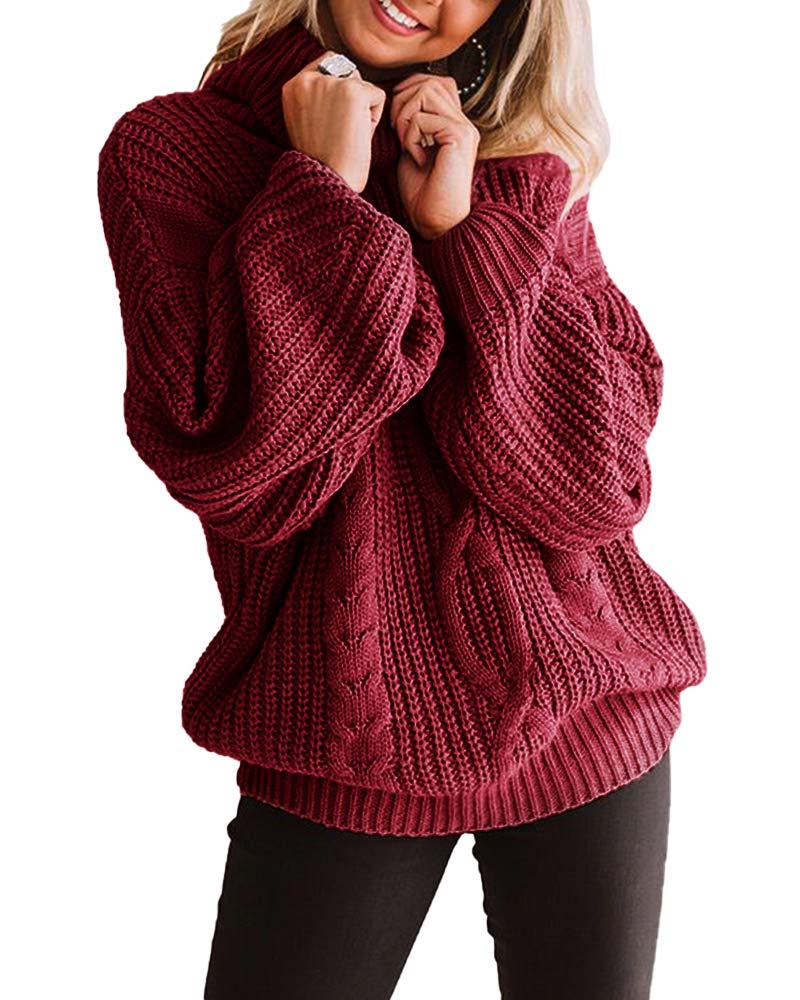 Womens Chunky Turtleneck Sweaters Plus Size Long Sleeve Cable Knit Casual Loose Jumper Tops Burgundy
