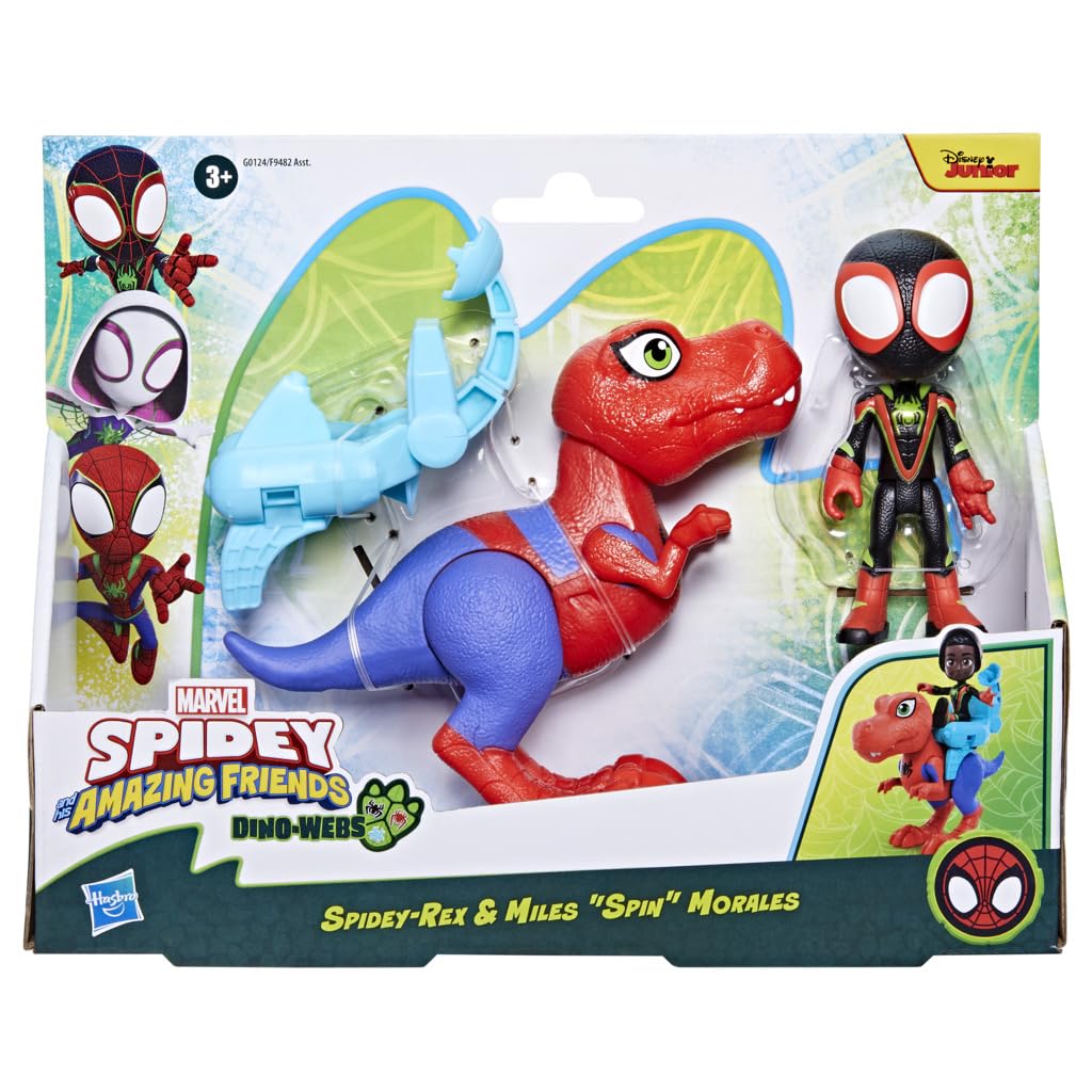 Marvel Spidey and His Amazing Friends Dino-Webs Spidey-Rex & Miles “Spin” Morales 4-inch-Scale Spider-Man Action Figure Set, Toys for Kids
