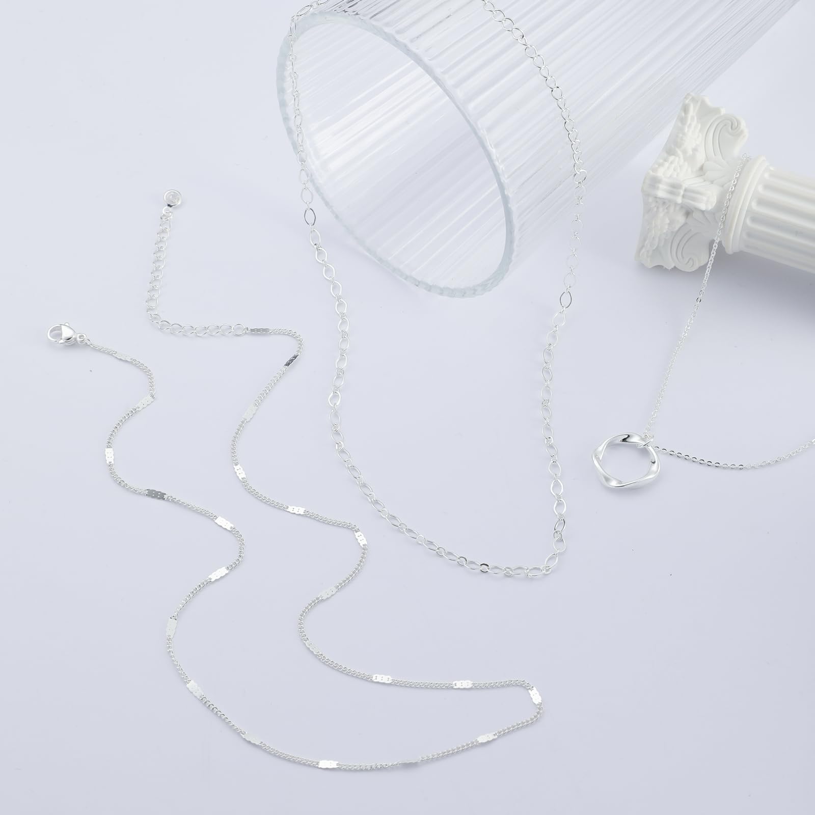 Cuzmly Layered Silver Necklaces for Women, 925 Sterling Silver Stackable Choker Necklaces for Women Trendy Layering Circle Pendant Chain Necklace Set Jewelry Gifts for Women Teen Girls, Brass, No