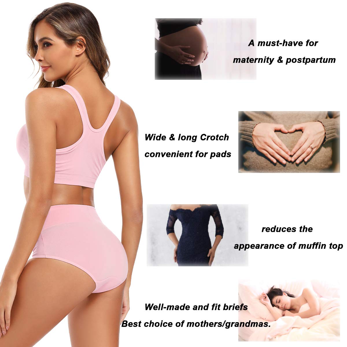 Molasus Women's Soft Cotton Underwear Briefs High Waisted Postpartum Panties Ladies Full Coverage Plus Size Underpants Pack of 5,Size 5