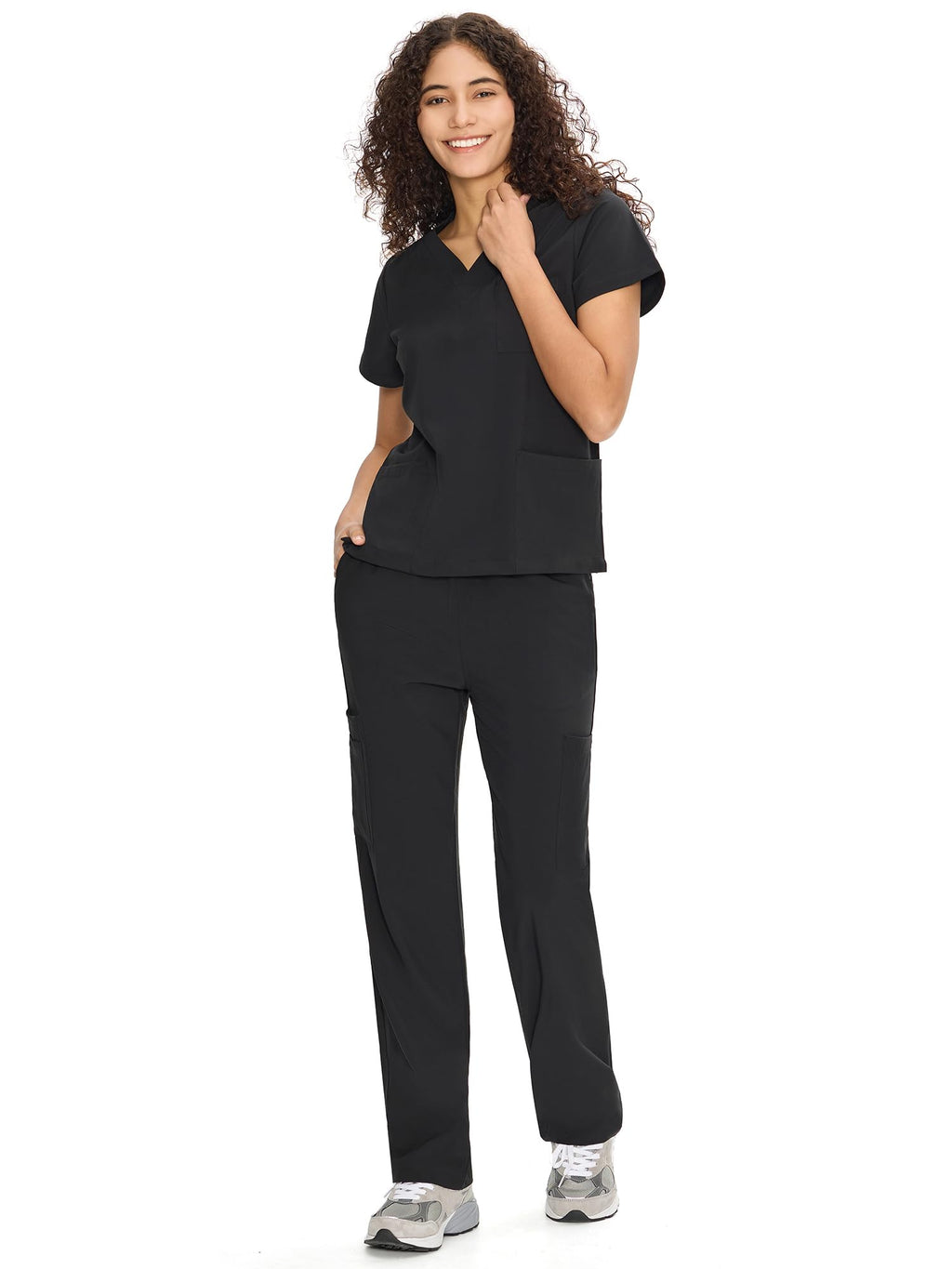 COZYFIT Scrubs for Women Set Medical Uniform - V-Neck Top & Straight Leg Pants with 9 Pockets, Unisex Workwear COZY SCRUBS, Black, M
