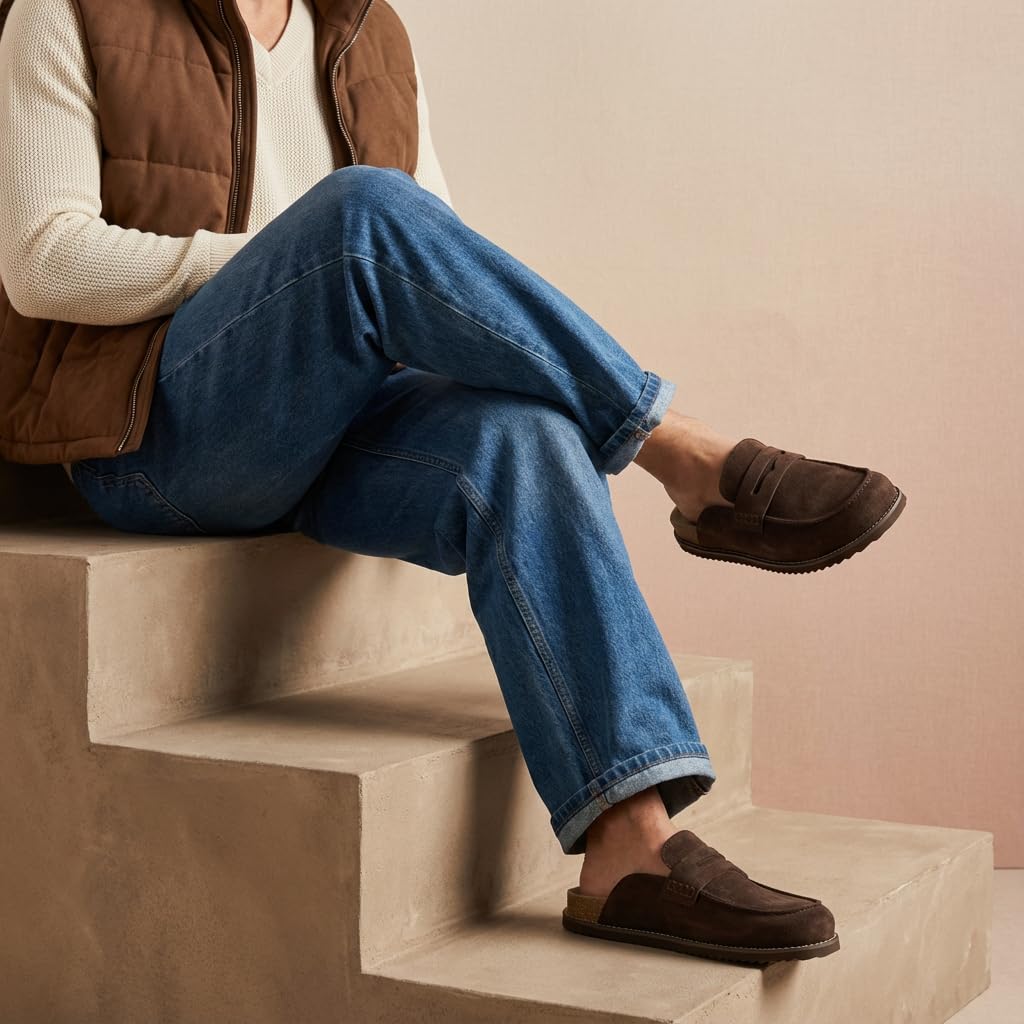 CUSHIONAIRE Wally Loafer-Style Suede Clogs for Men, Slip-On Backless Indoor Outdoor Mens Shoes with Cushioned Footbed, Brown 8