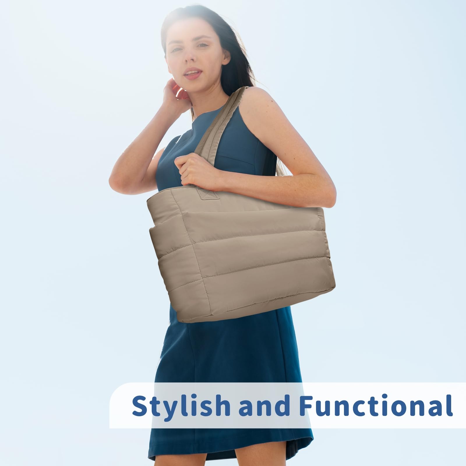 TOPDesign Puffer Tote Bag for Women, Lightweight Puffy Handbag with Compartments & Cosmetic Bag, Quilted Shoulder Bags for Work, Travel, Gym, Gifting (M Camel)
