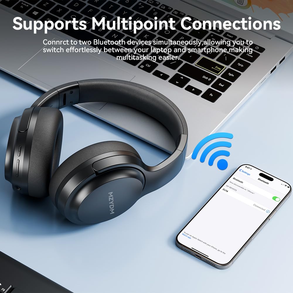 MZYDM Bluetooth Headphones Over Ear, 40 Hours Playtime Wireless Headphones with Microphone,5.3 Bluetooth, HiFi Stereo Foldable Lightweight Headset, for Travel Work Cellphone(Black)