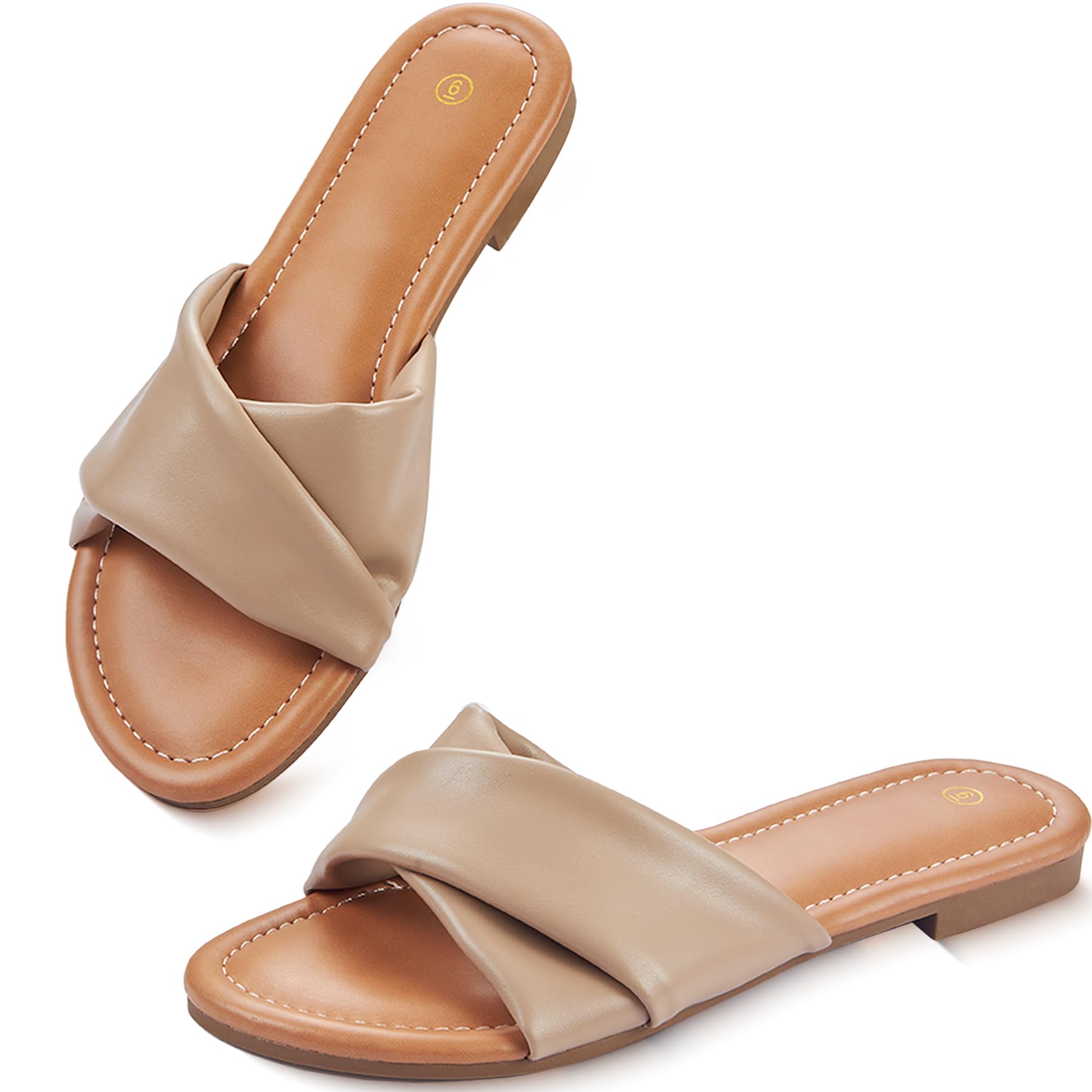 YTSKJ Women's Flat Sandals Round Open Toe Comfortable Fashion Cute Ladies Slides Sandals Women Dressy Summer Flat Leather Casual Fashion Beach Shoes Camel Size 9