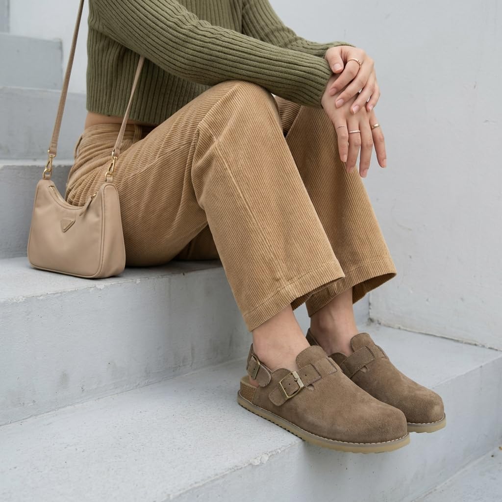 CUSHIONAIRE Brooklyn Suede Womens Slides– Comfortable Clog Mules with Adjustable Buckles – Summer Shoes for Women,TAUPE 11W