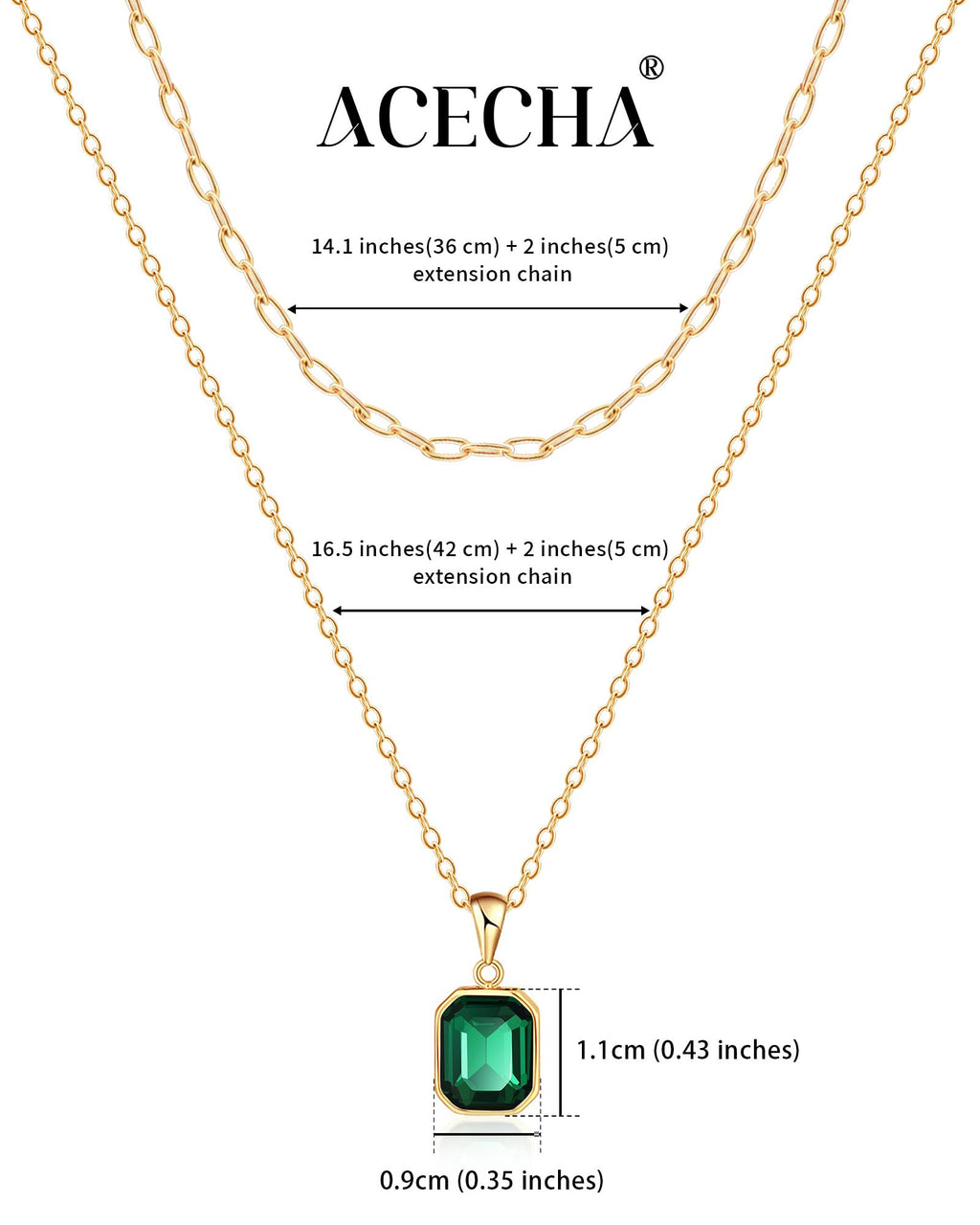 ACECHA Gold Layered Necklaces for Women, 18k Gold Plated Paperclip Chain Choker Necklace with Rectangle Crystal Birthstone Pendant Dainty Emerald Green Jewelry Gifts (Emerald)