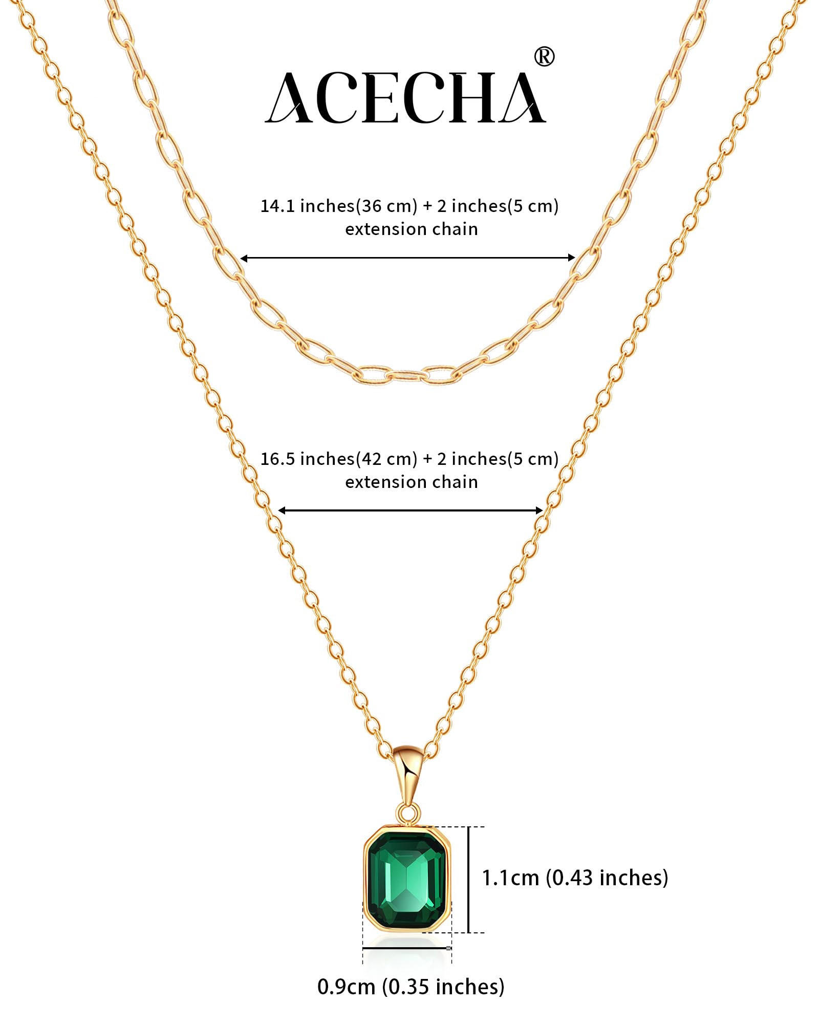 ACECHA Gold Layered Necklaces for Women, 18k Gold Plated Paperclip Chain Choker Necklace with Rectangle Crystal Birthstone Pendant Dainty Emerald Green Jewelry Gifts (Emerald)