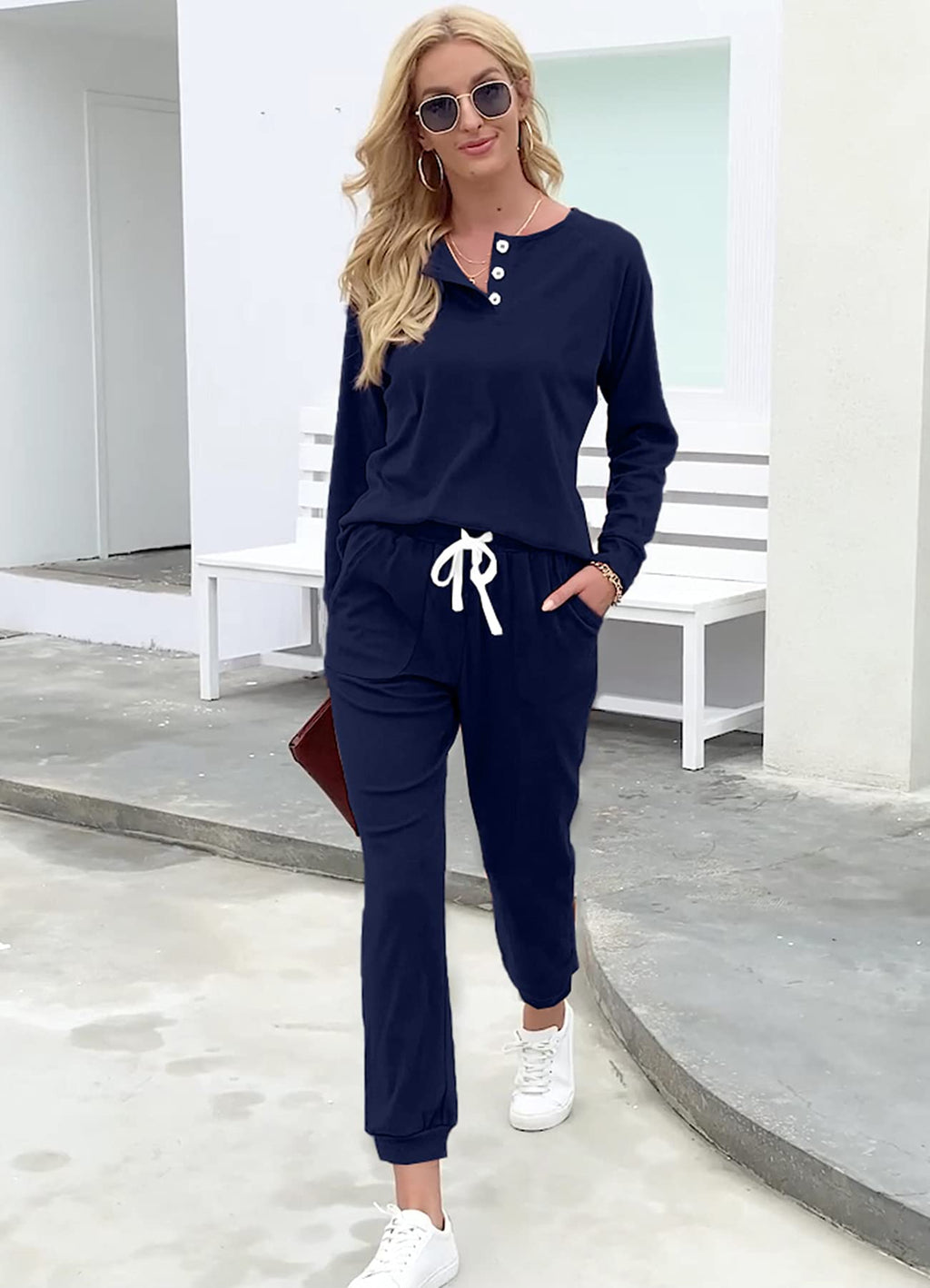 WIHOLL 2 Piece Outfits for Women Fall, Lounge Sets for Women Joggers Sweatpants Navy Blue L