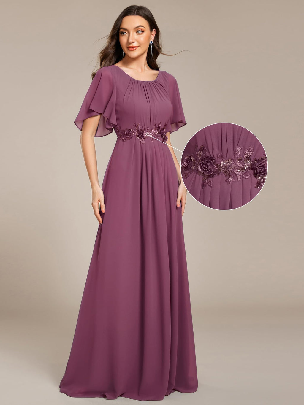 Ever-Pretty Women's Classic Round Neck Pleated Short Sleeves Chiffon Appliques Floor Length A Line Formal Evening Dresses Damson US22