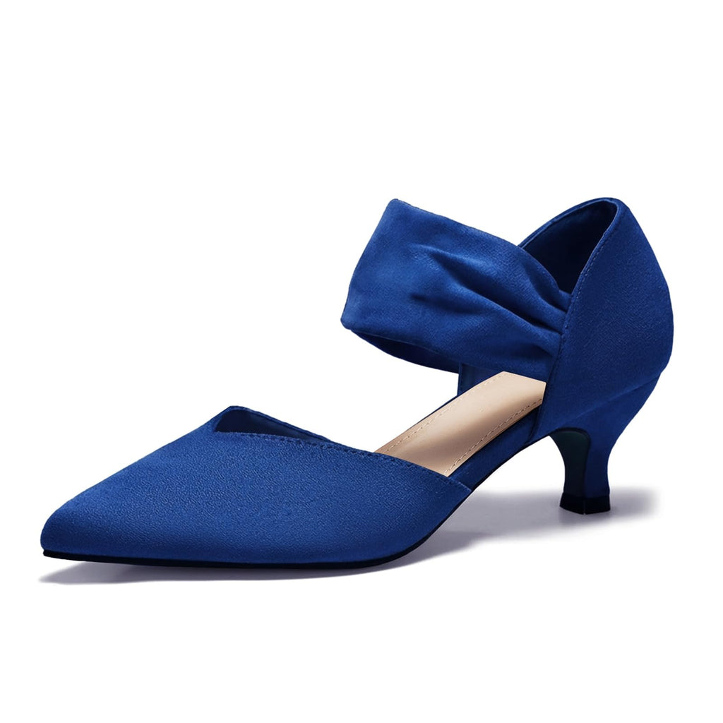 GotSoft Womens Low Kitten Heels Pointed Toe Slip on Pumps Ankle Strap Elegant Party Wedding Dress Shoes, Suede Blue, Size 8.5